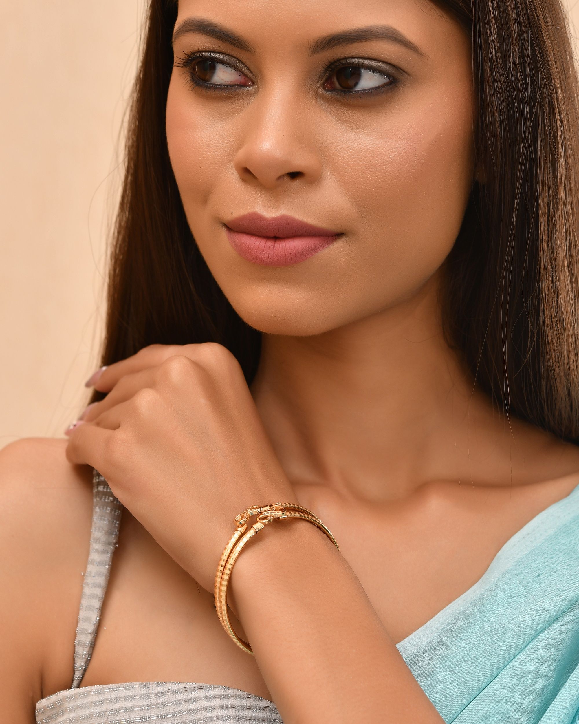 VOJ Set Of 2 Gold Polished AD Studded Infinite Shaped Bangles