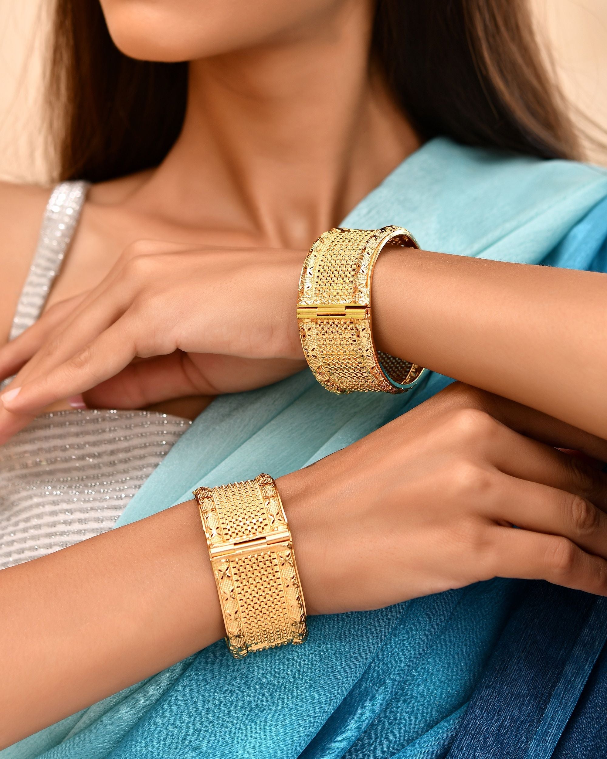 VOJ Set Of 2 Gold Polished Hand Crafted Bangles - Dista