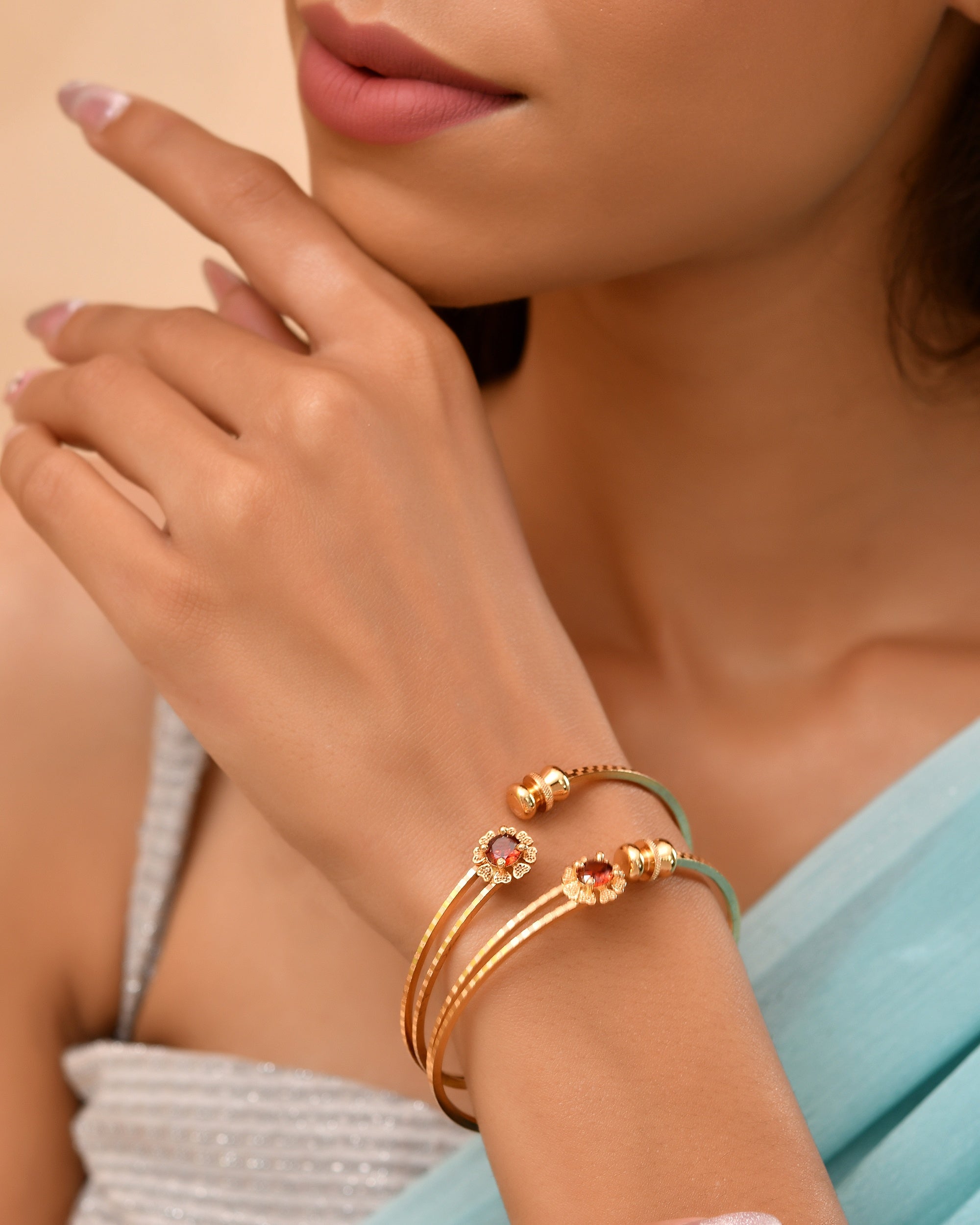 VOJ Set Of 2 Gold Polished Red Stone-Studded Bangles