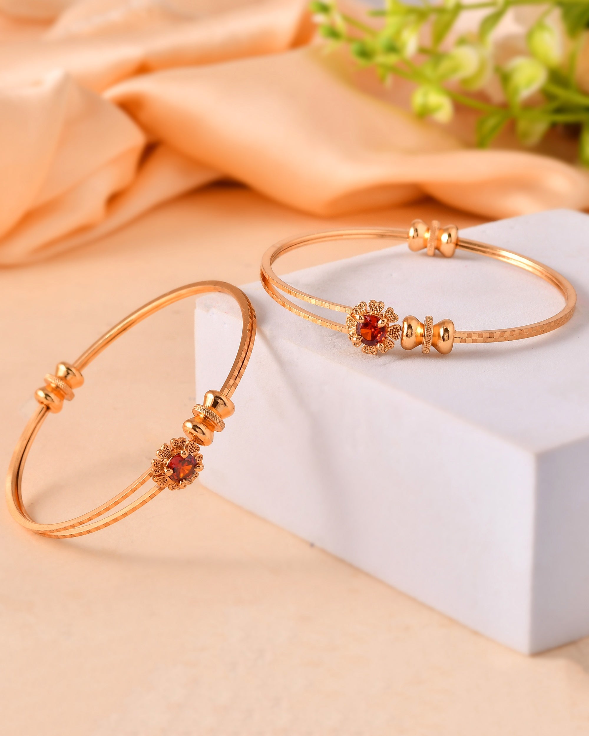 VOJ Set Of 2 Gold Polished Red Stone-Studded Bangles