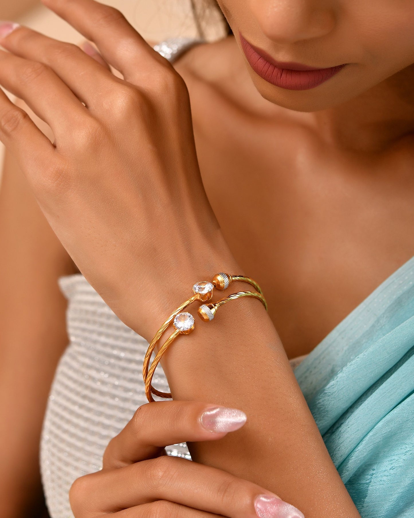 VOJ Set Of 2 Gold Polished Stone-Studded Bangles - Dista