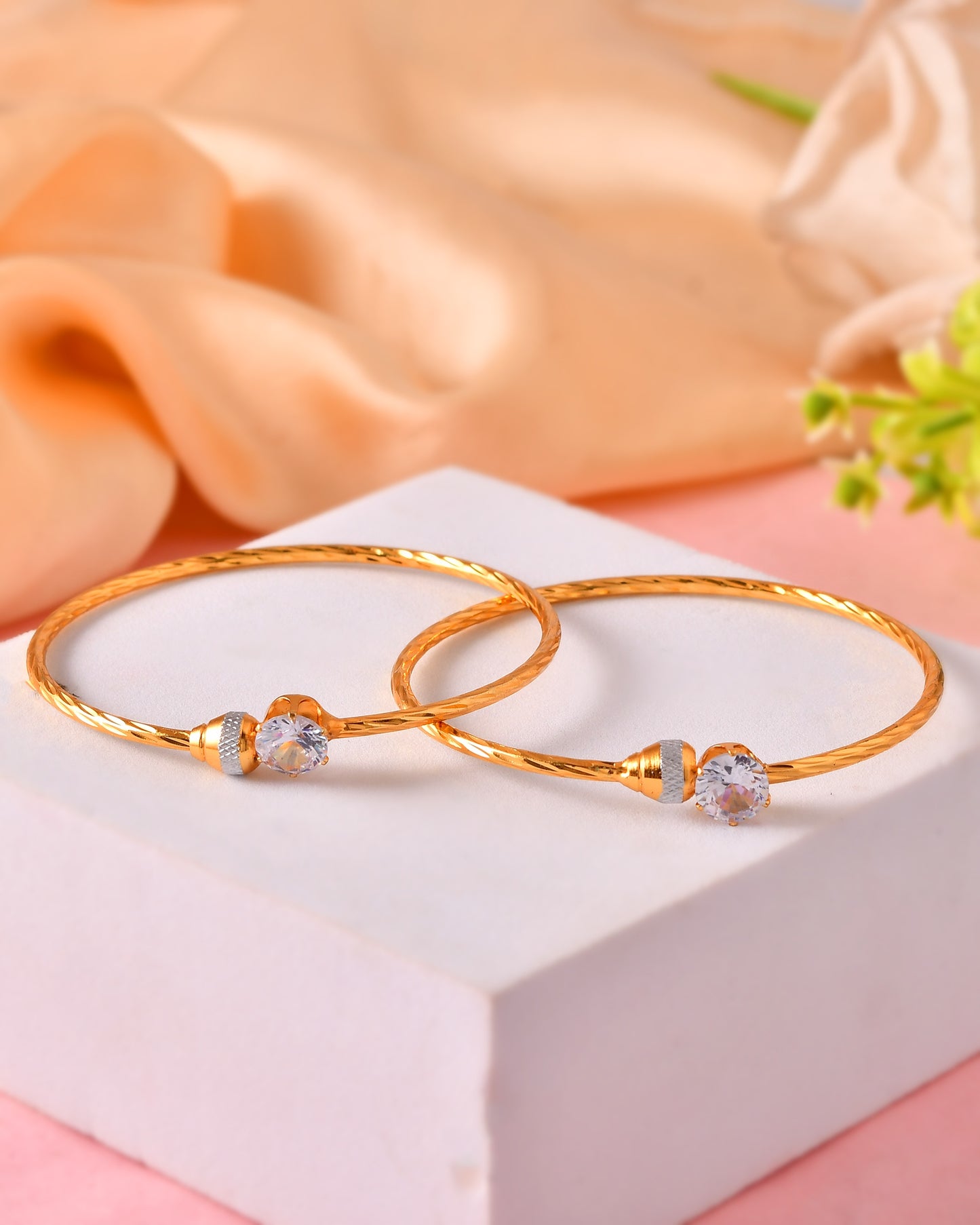 VOJ Set Of 2 Gold Polished Stone-Studded Bangles - Dista