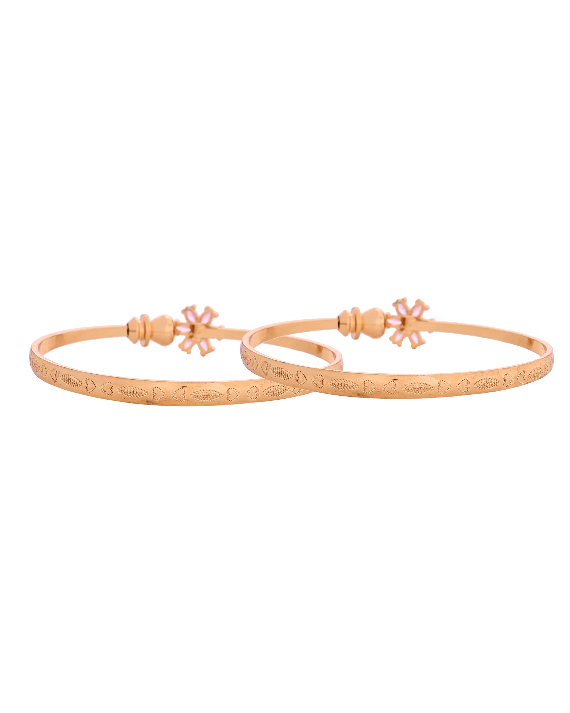 VOJ Set Of 2 Gold Polished Pink Stone Studded Floral Shaped Bangles