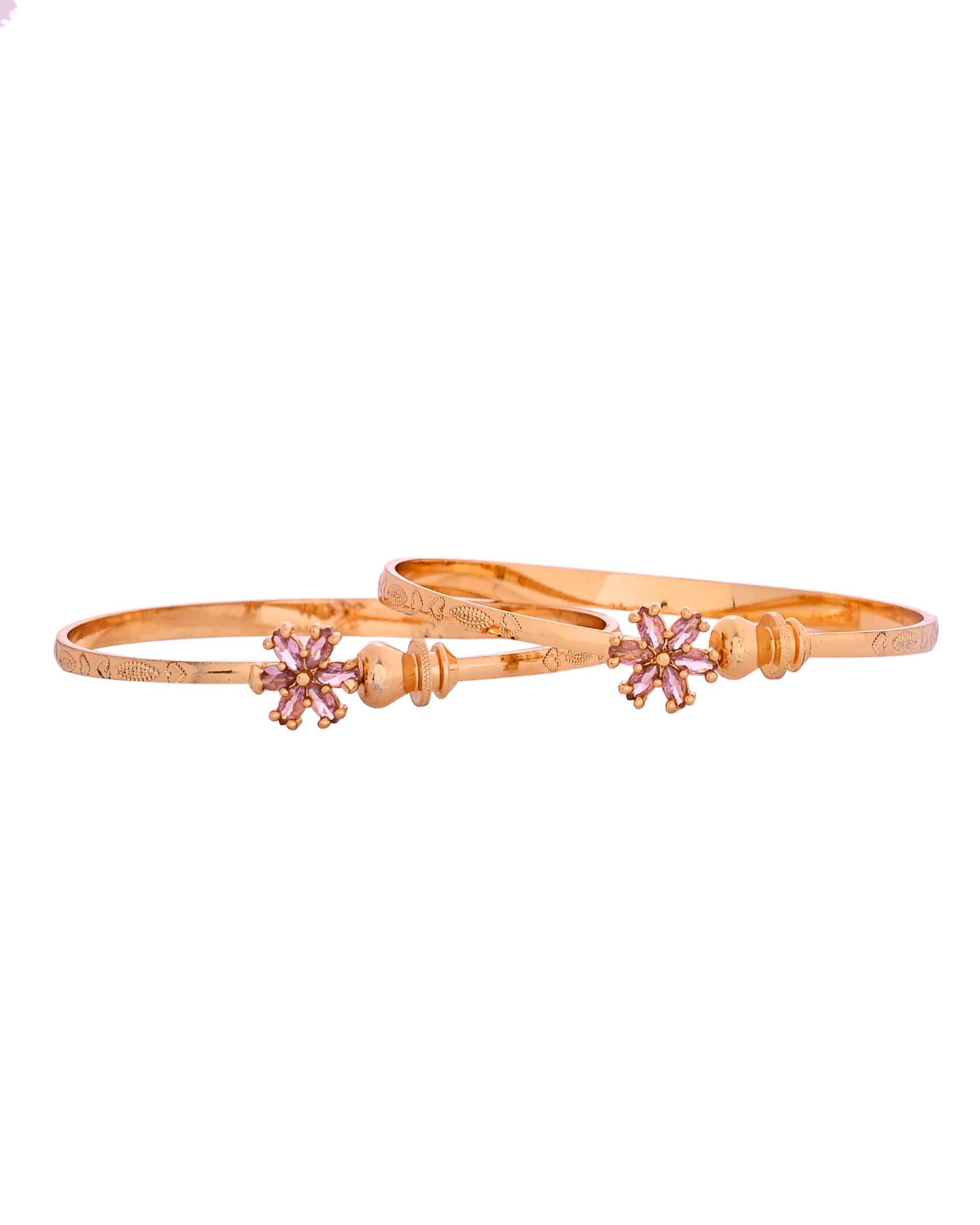 VOJ Set Of 2 Gold Polished Pink Stone Studded Floral Shaped Bangles