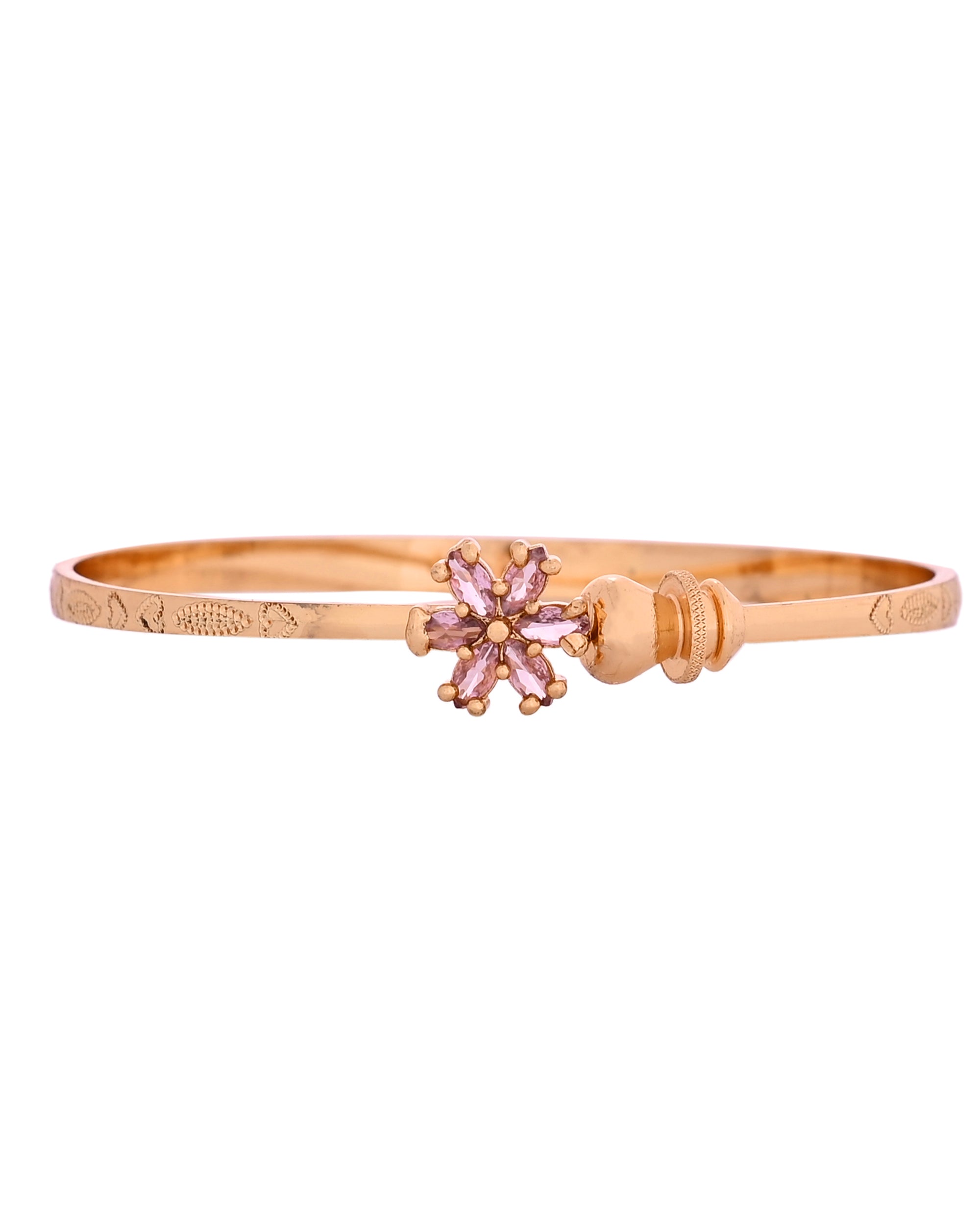 VOJ Set Of 2 Gold Polished Pink Stone Studded Floral Shaped Bangles