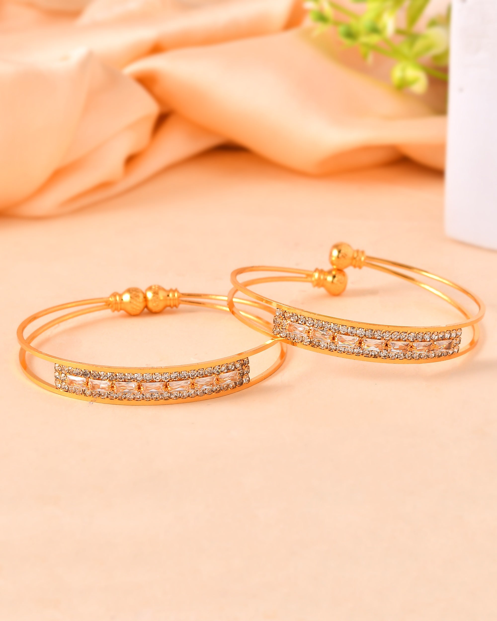 VOJ Set Of 2 Gold Polished Stone Studded Bangles