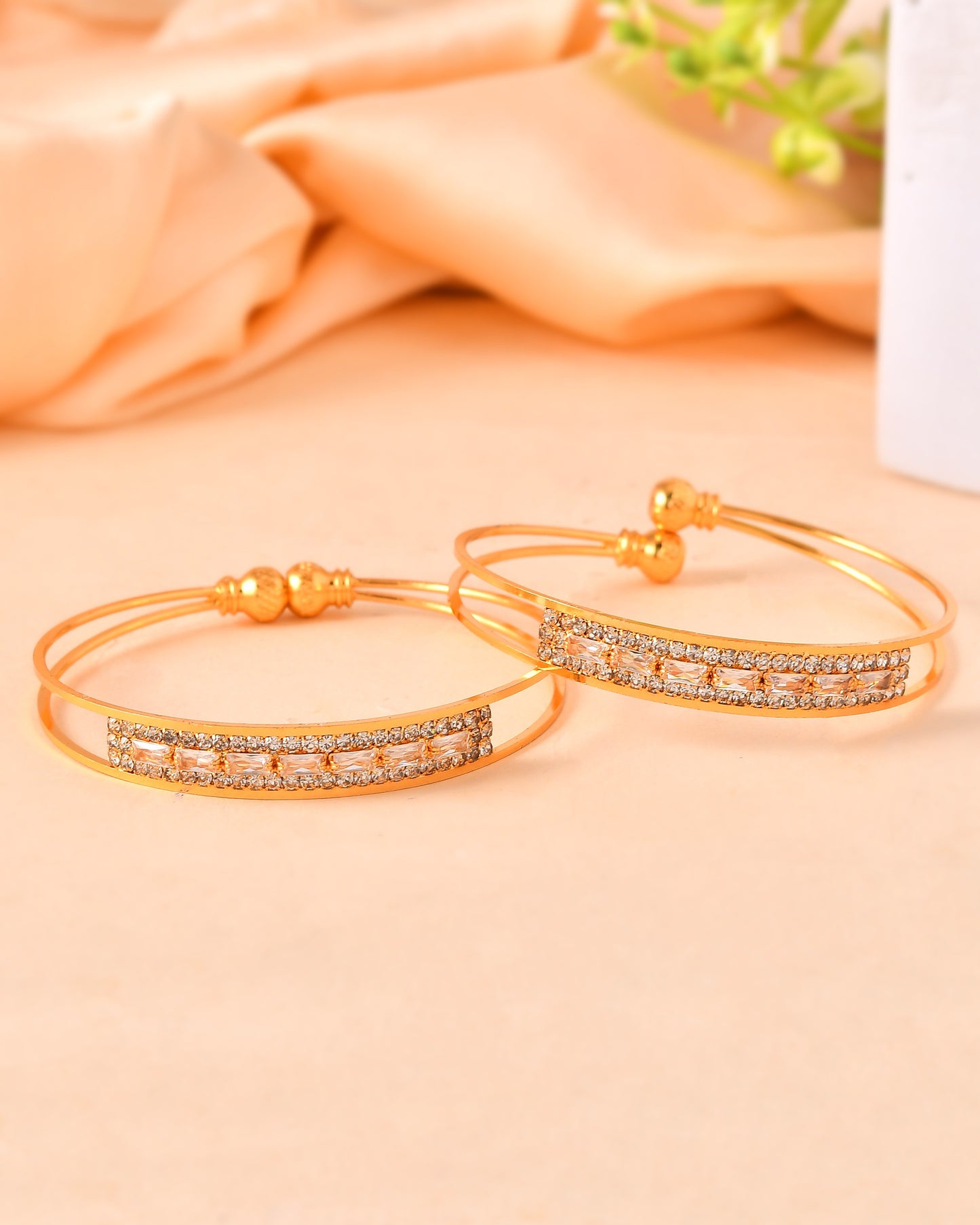 VOJ Set Of 2 Gold Polished Stone Studded Bangles - Dista