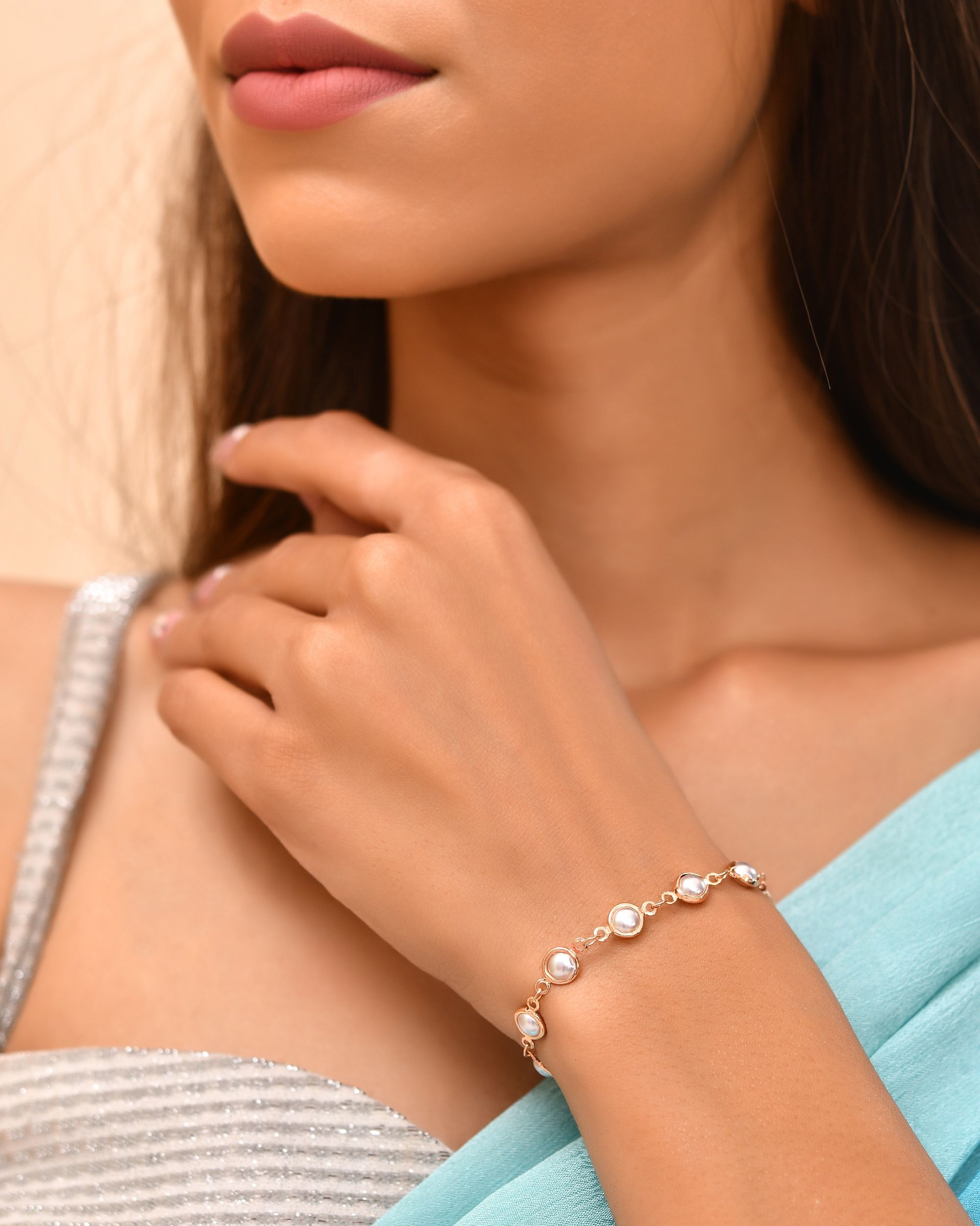 VOJ Rose Gold Polished Pearl Studded Bracelet
