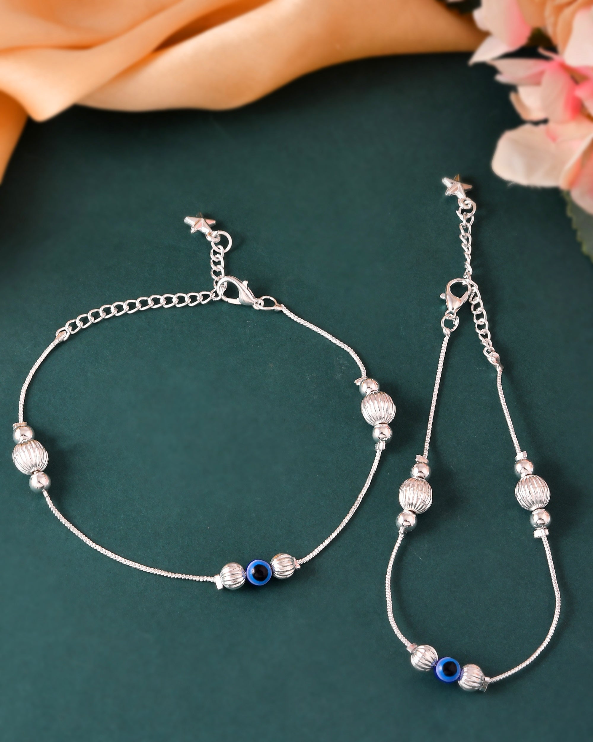 VOJ Set of 2 Silver Plated Handcrafted Evil Eye Anklet
