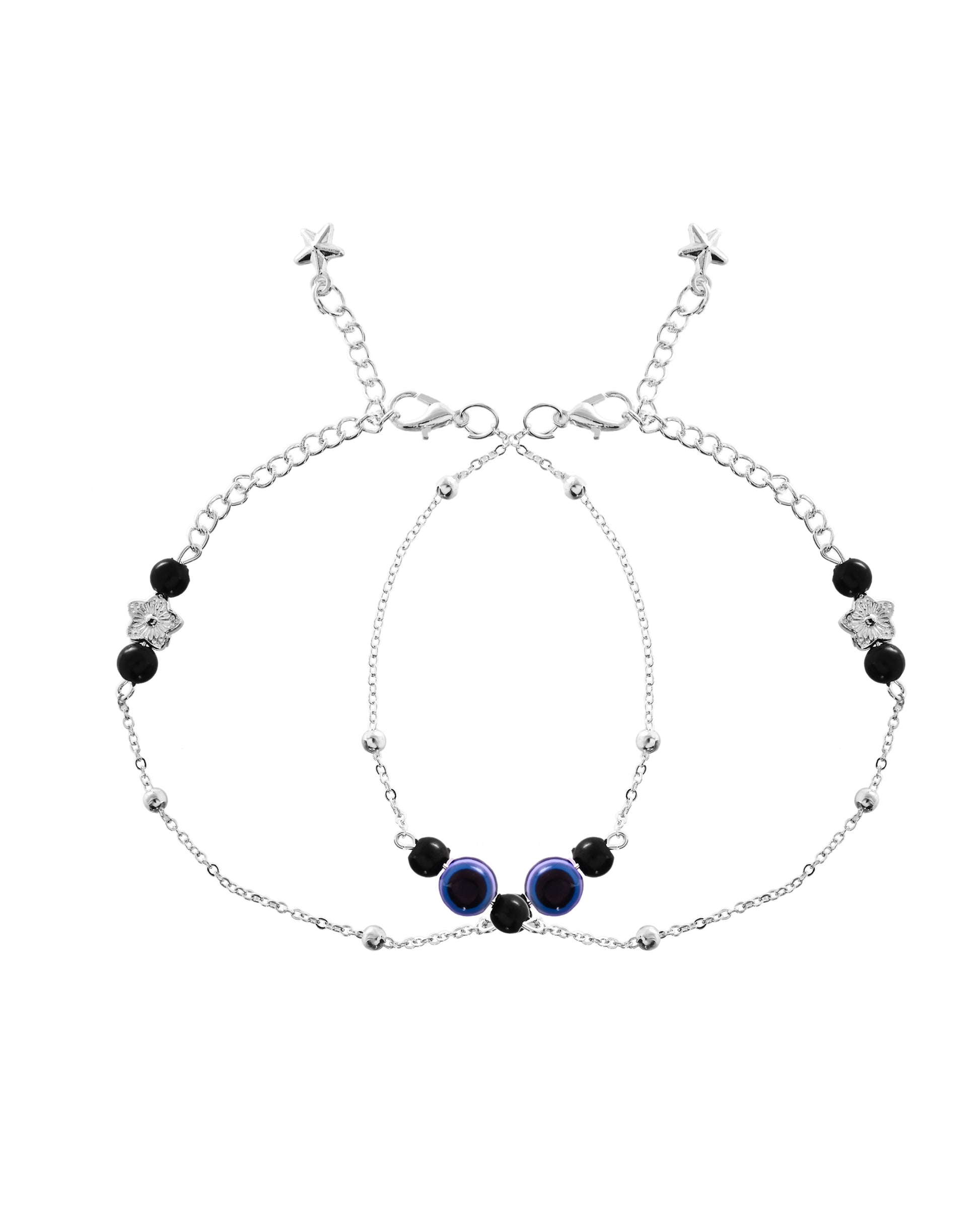 VOJ Set of 2 Silver Plated Evil Eye Beaded Anklet - Dista