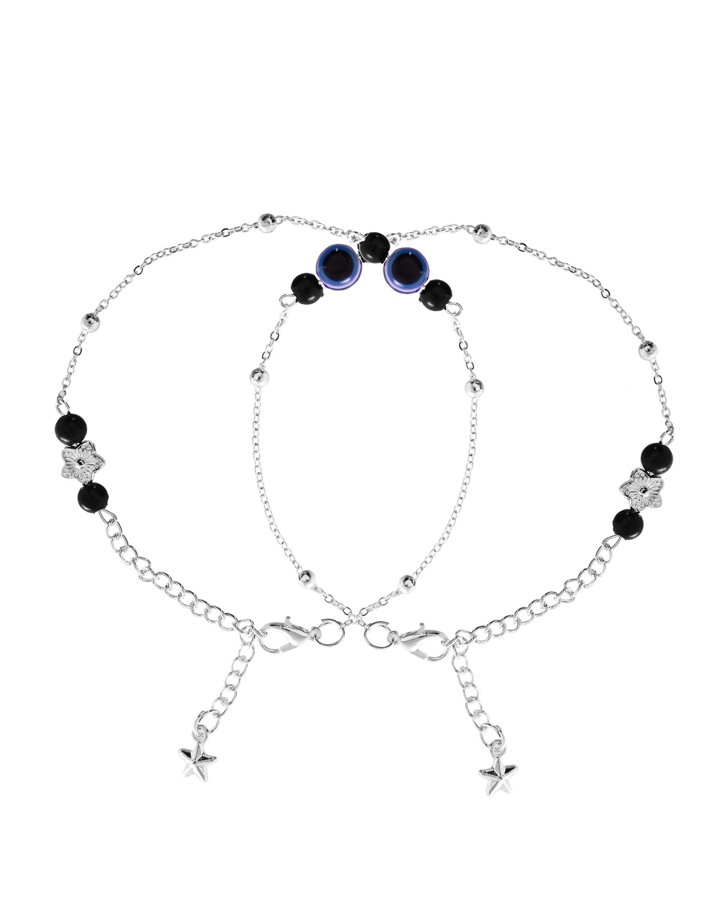 VOJ Set of 2 Silver Plated Evil Eye Beaded Anklet - Dista