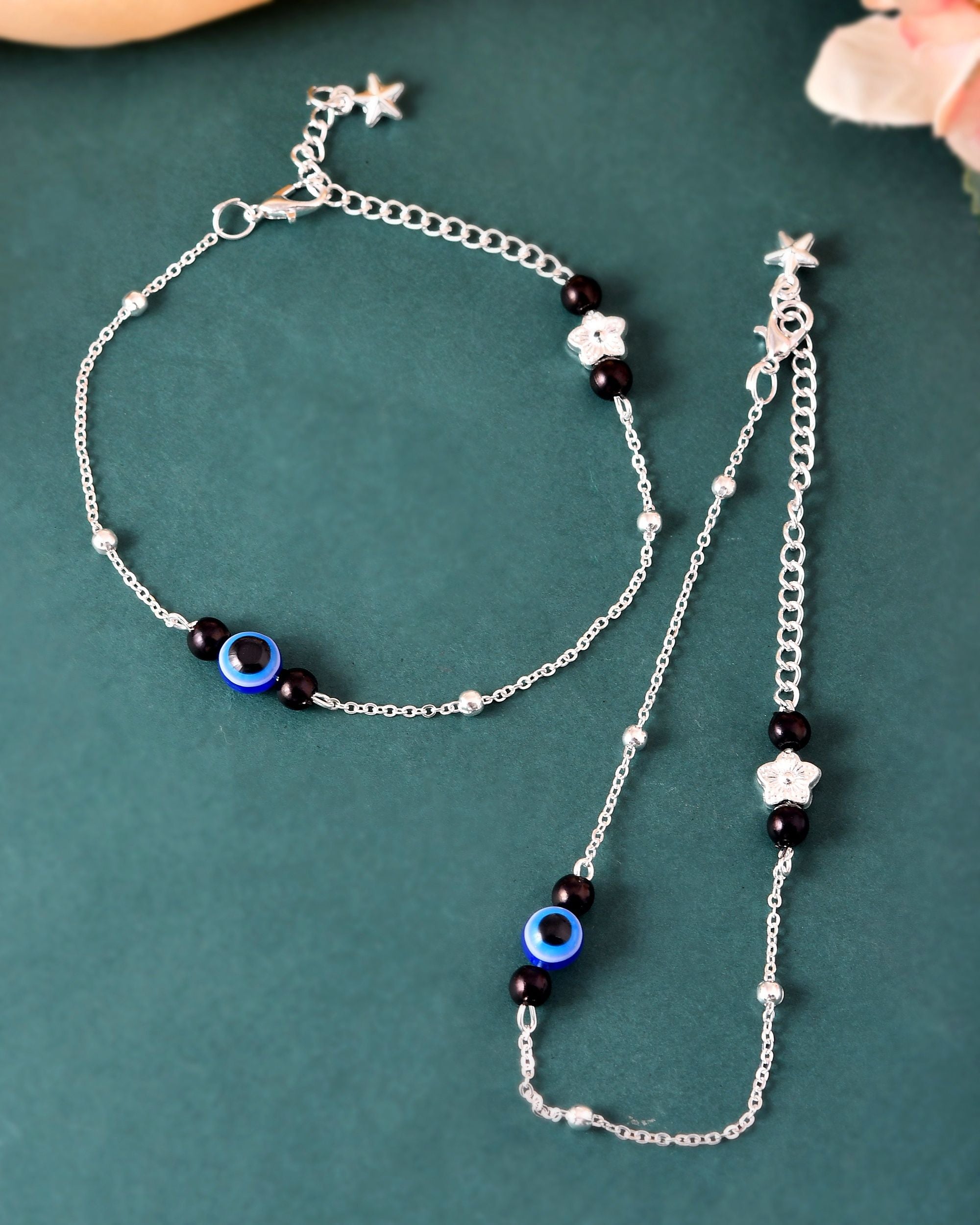VOJ Set of 2 Silver Plated Evil Eye Beaded Anklet