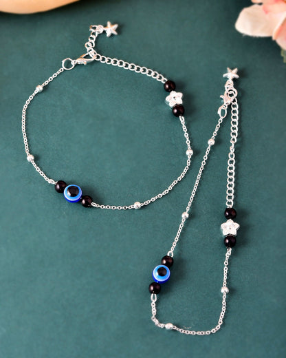 VOJ Set of 2 Silver Plated Evil Eye Beaded Anklet - Dista