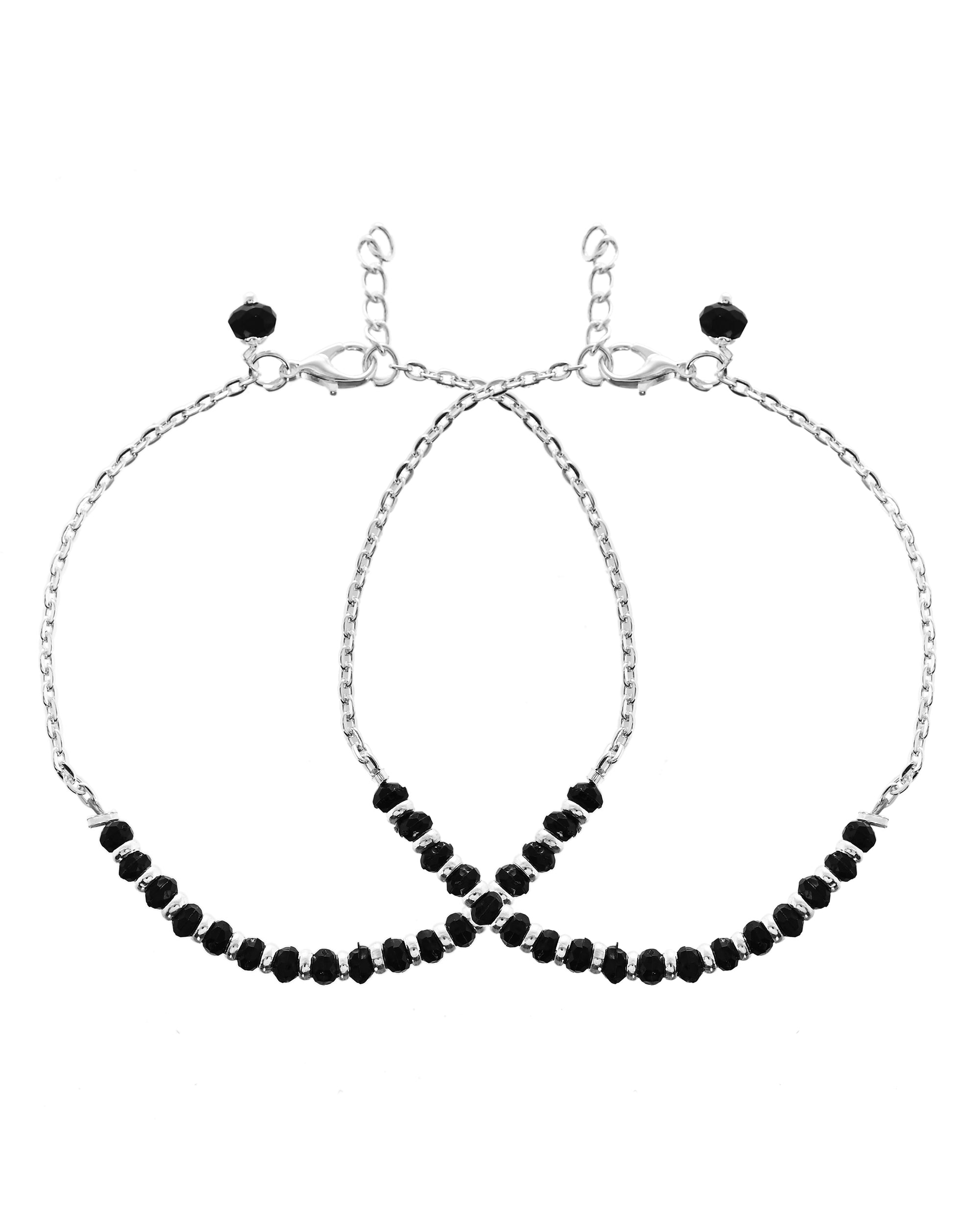 VOJ Set Of 2 Silver-Plated Artificial Beads Stainless Steel Anklet