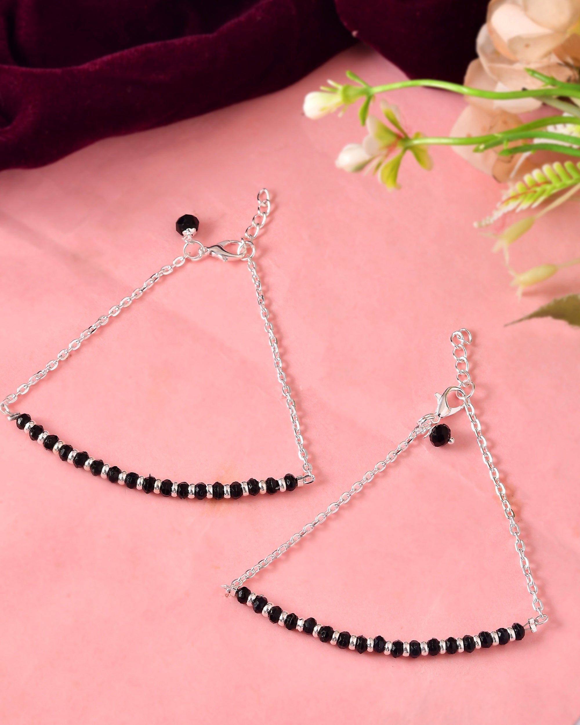 VOJ Set Of 2 Silver-Plated Artificial Beads Stainless Steel Anklet