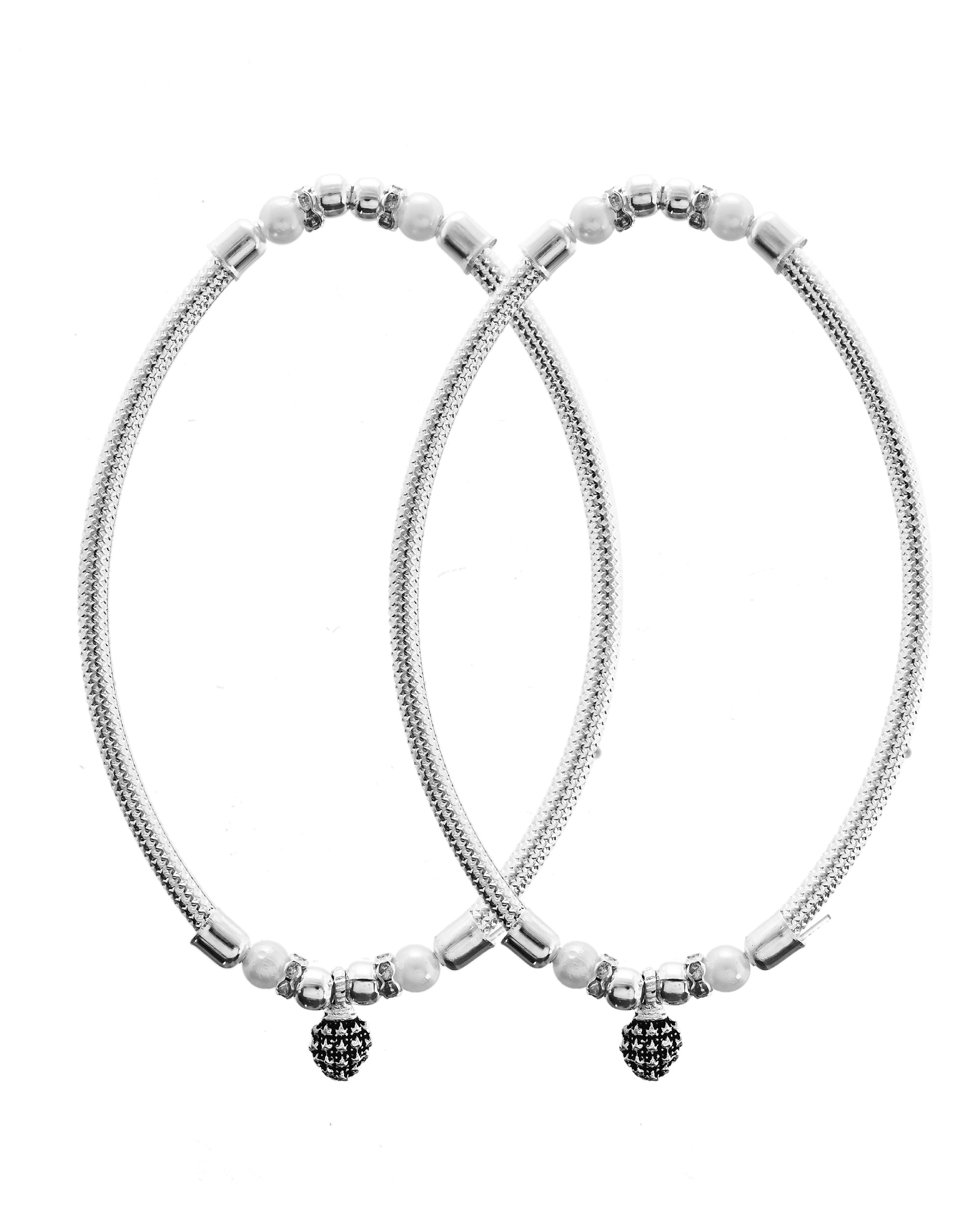 VOJ Set of 2 Silver Plated Stainless Steel Elasticated Anklet