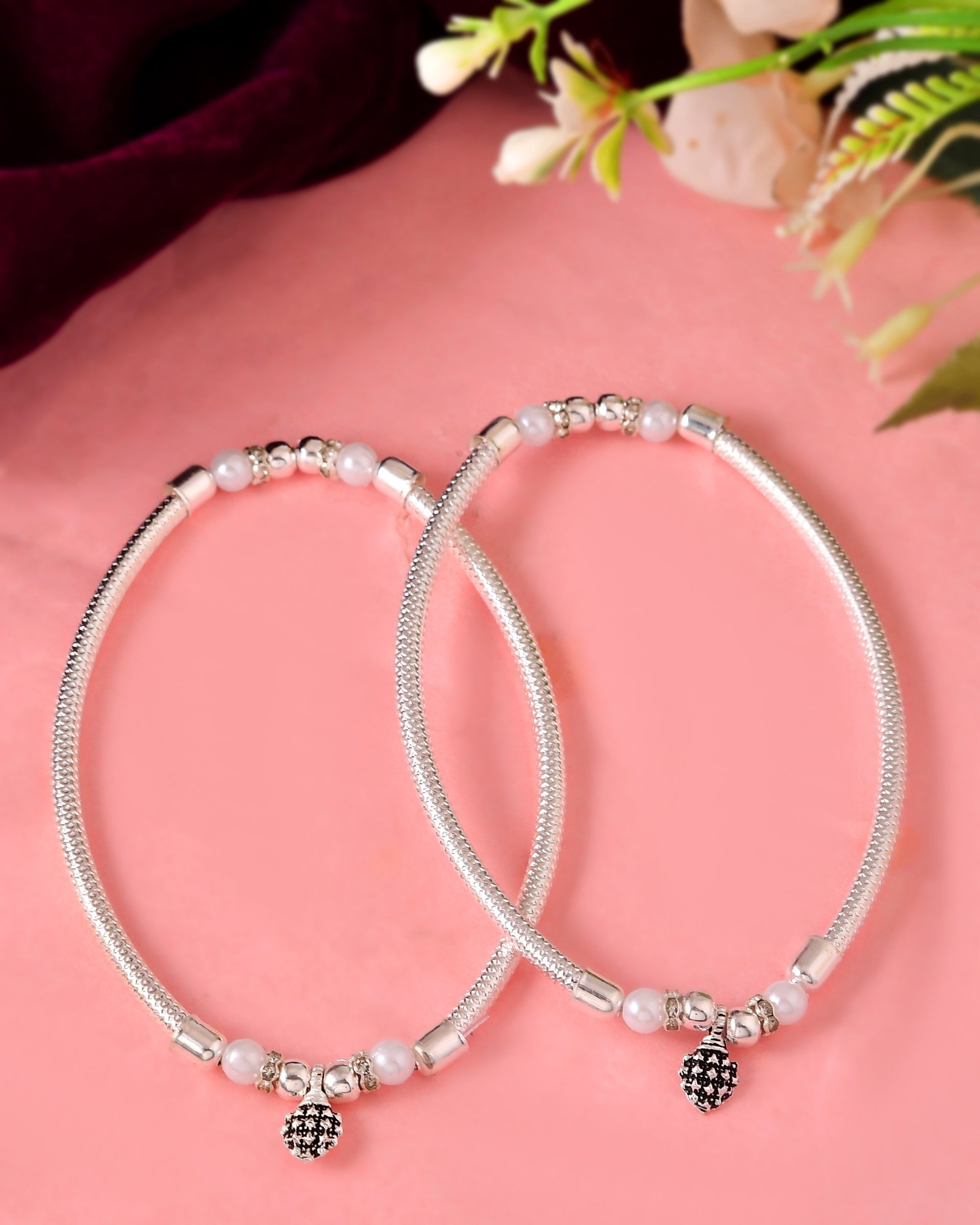 VOJ Set of 2 Silver Plated Stainless Steel Elasticated Anklet