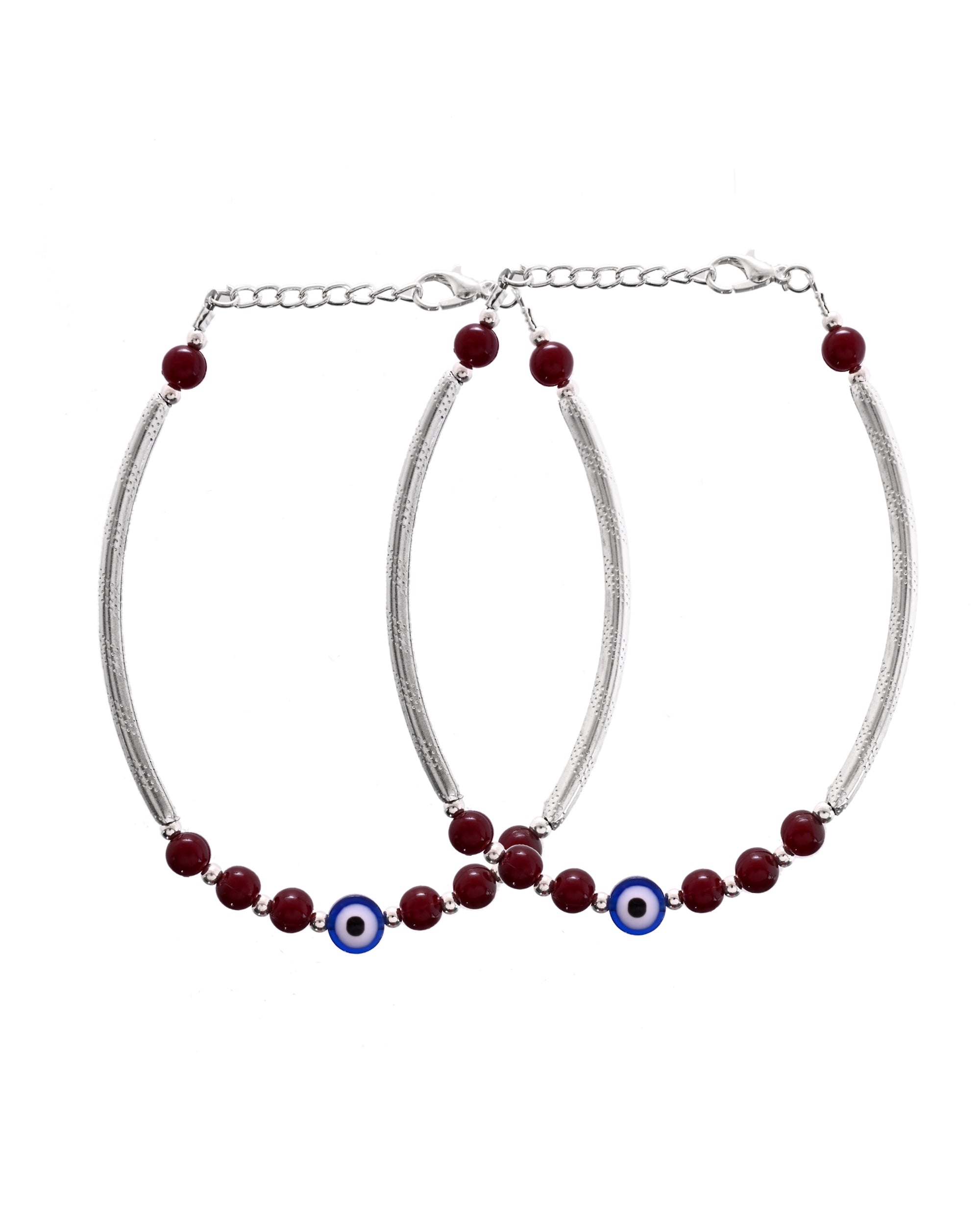 VOJ Set of 2 Silver Plated Artificial Beads Studded Evil Eye Anklet