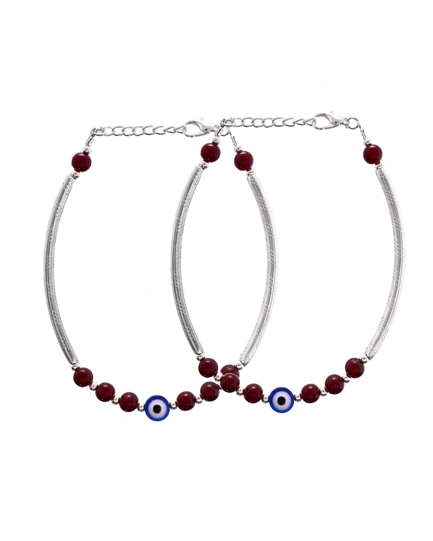 VOJ Set of 2 Silver Plated Artificial Beads Studded Evil Eye Anklet - Distacart