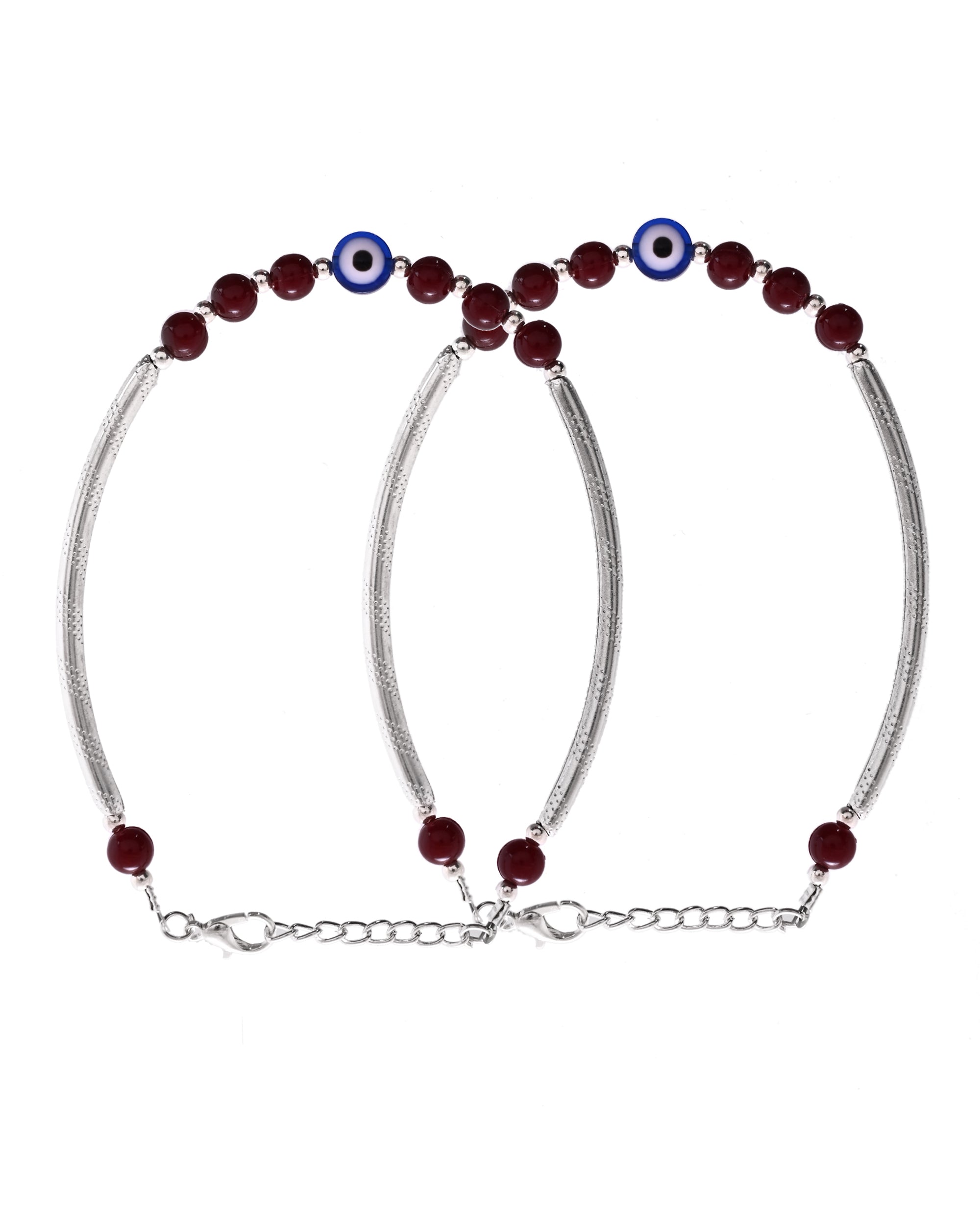 VOJ Set of 2 Silver Plated Artificial Beads Studded Evil Eye Anklet