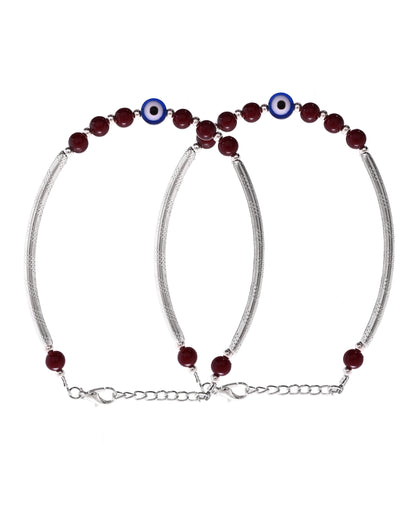 VOJ Set of 2 Silver Plated Artificial Beads Studded Evil Eye Anklet - Distacart