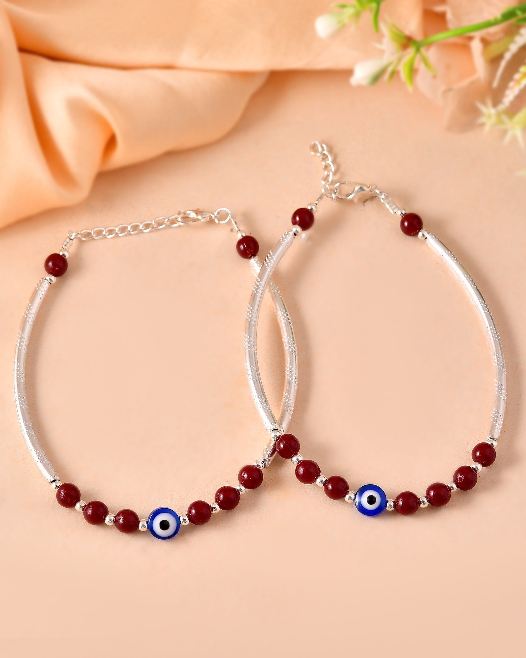 VOJ Set of 2 Silver Plated Artificial Beads Studded Evil Eye Anklet