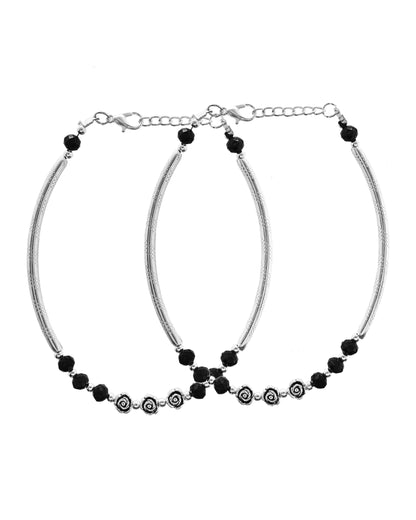 VOJ Set of 2 Silver Plated Black Artificial Beads Studded Anklet - Dista