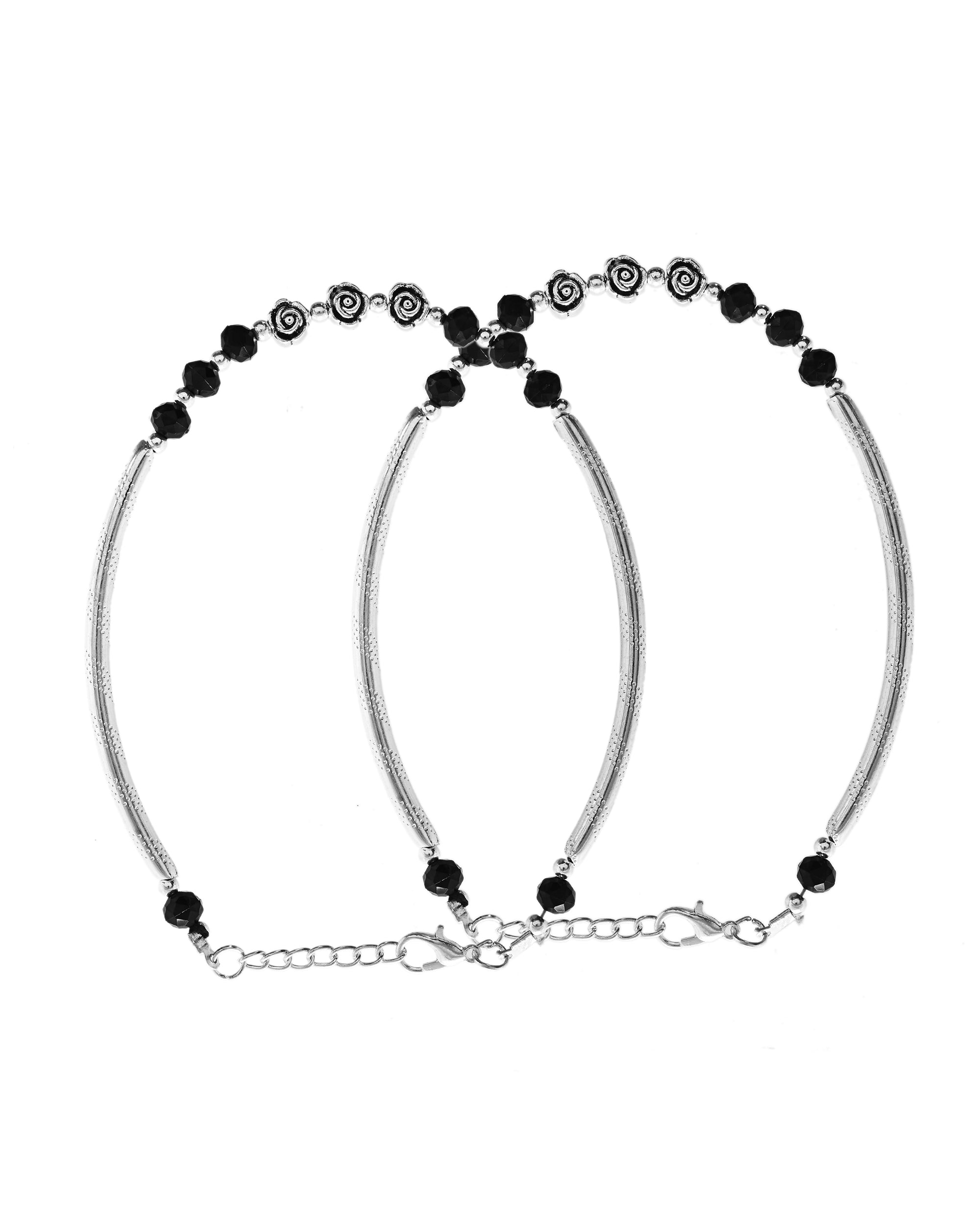 VOJ Set of 2 Silver Plated Black Artificial Beads Studded Anklet