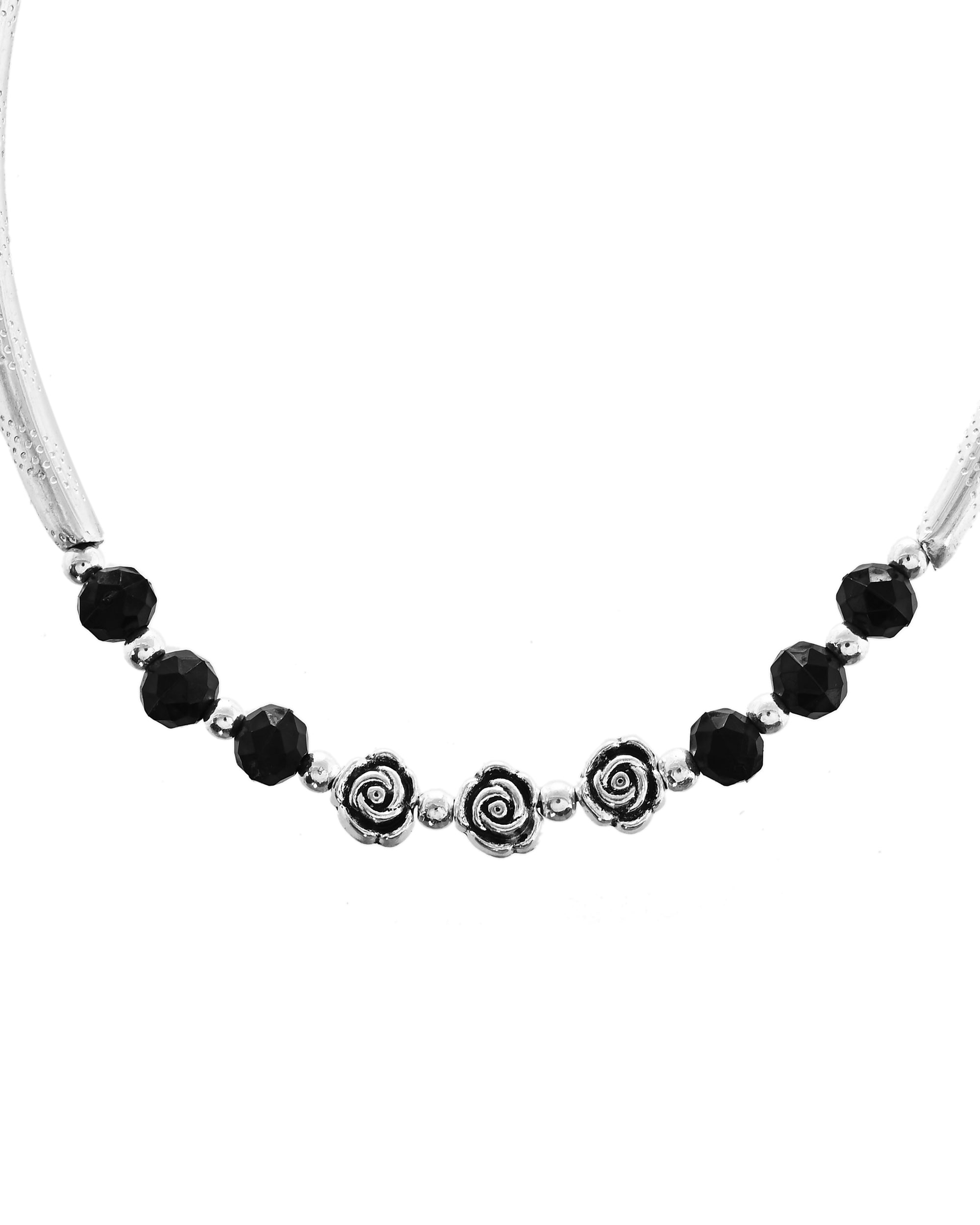 VOJ Set of 2 Silver Plated Black Artificial Beads Studded Anklet