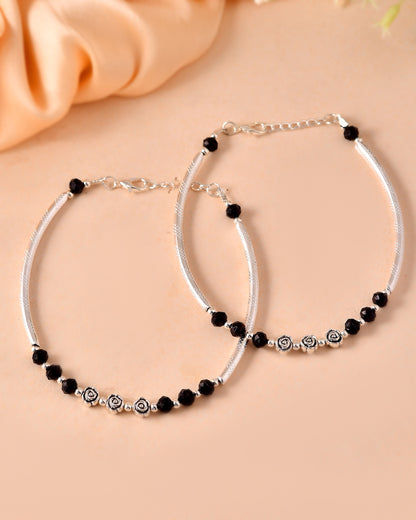 VOJ Set of 2 Silver Plated Black Artificial Beads Studded Anklet - Dista