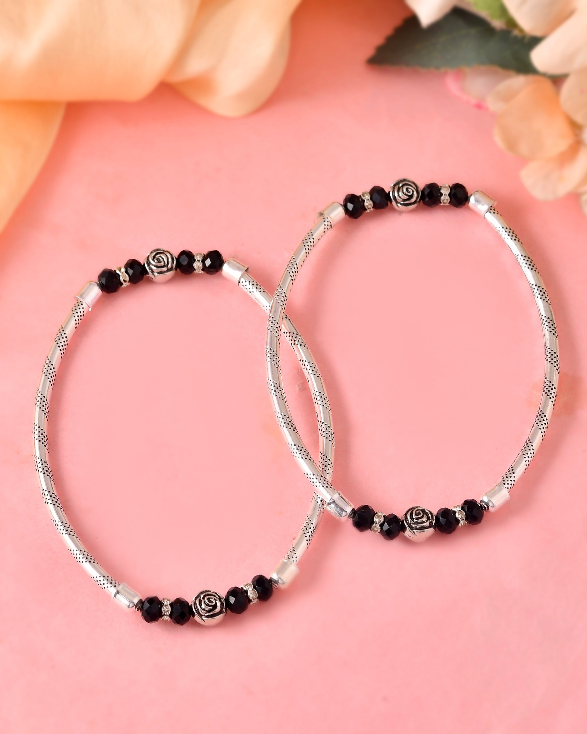 VOJ Set of 2 Silver Tone Stainless Steel Artificial Beads Elasticated Anklet