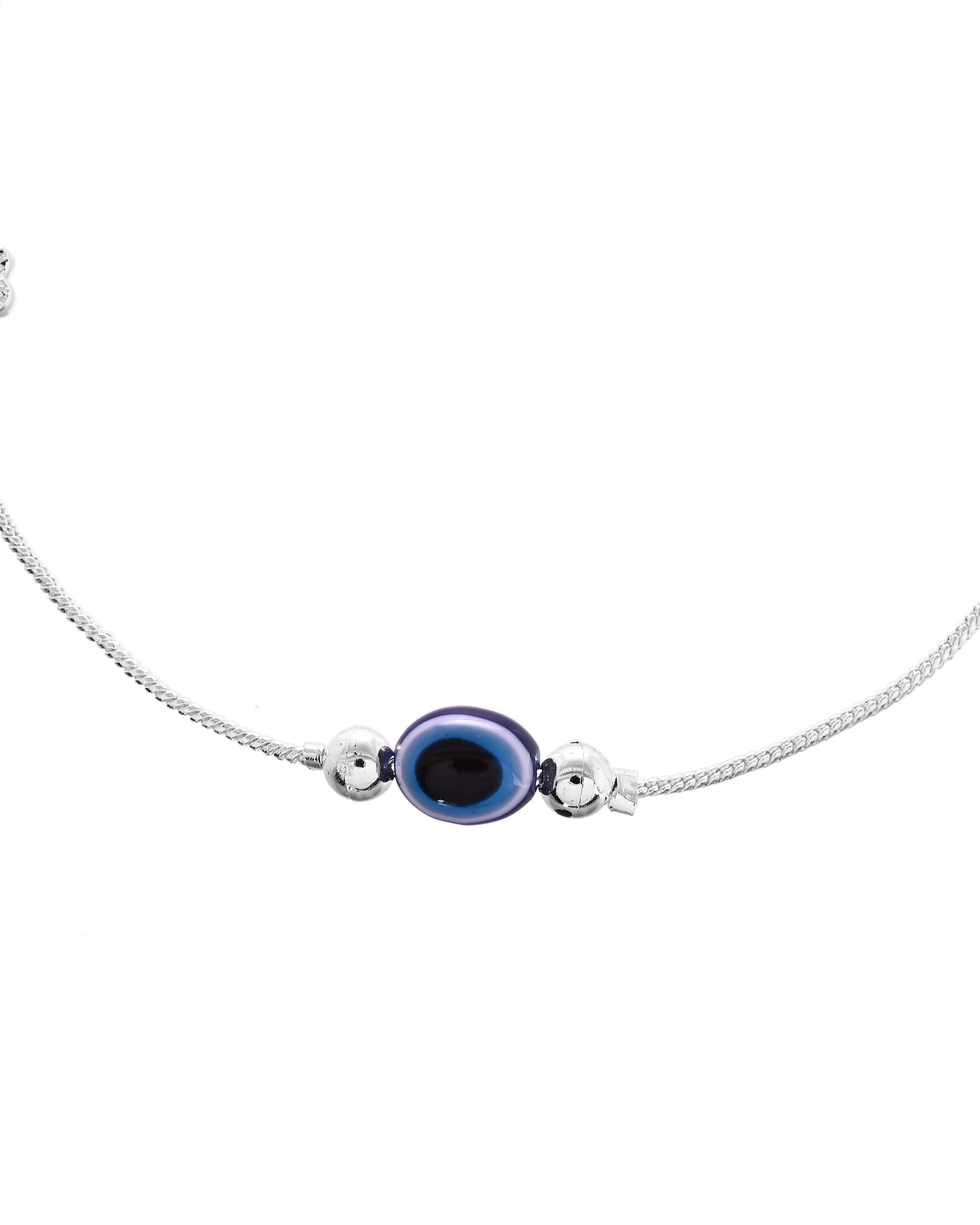 VOJ Set of 2 Silver Plated Evil Eye Bead Studded Stainless Steel Anklet