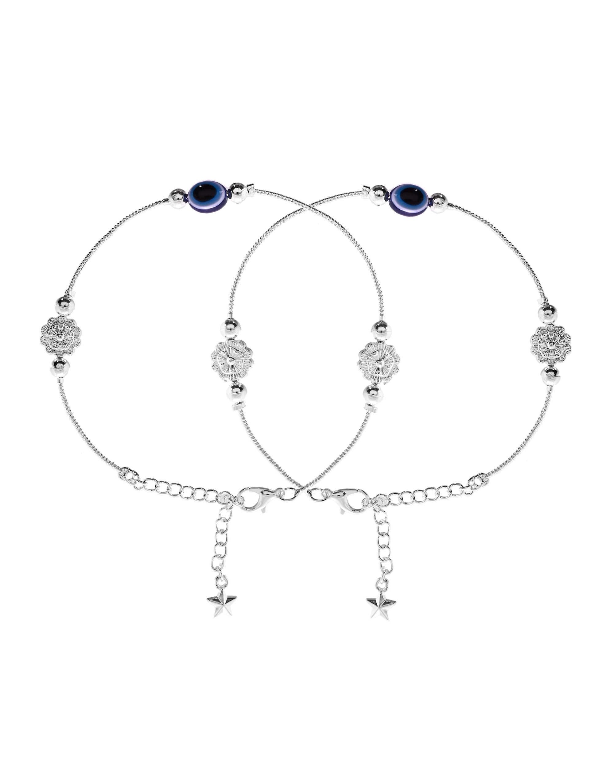 VOJ Set of 2 Silver Plated Evil Eye Bead Studded Stainless Steel Anklet