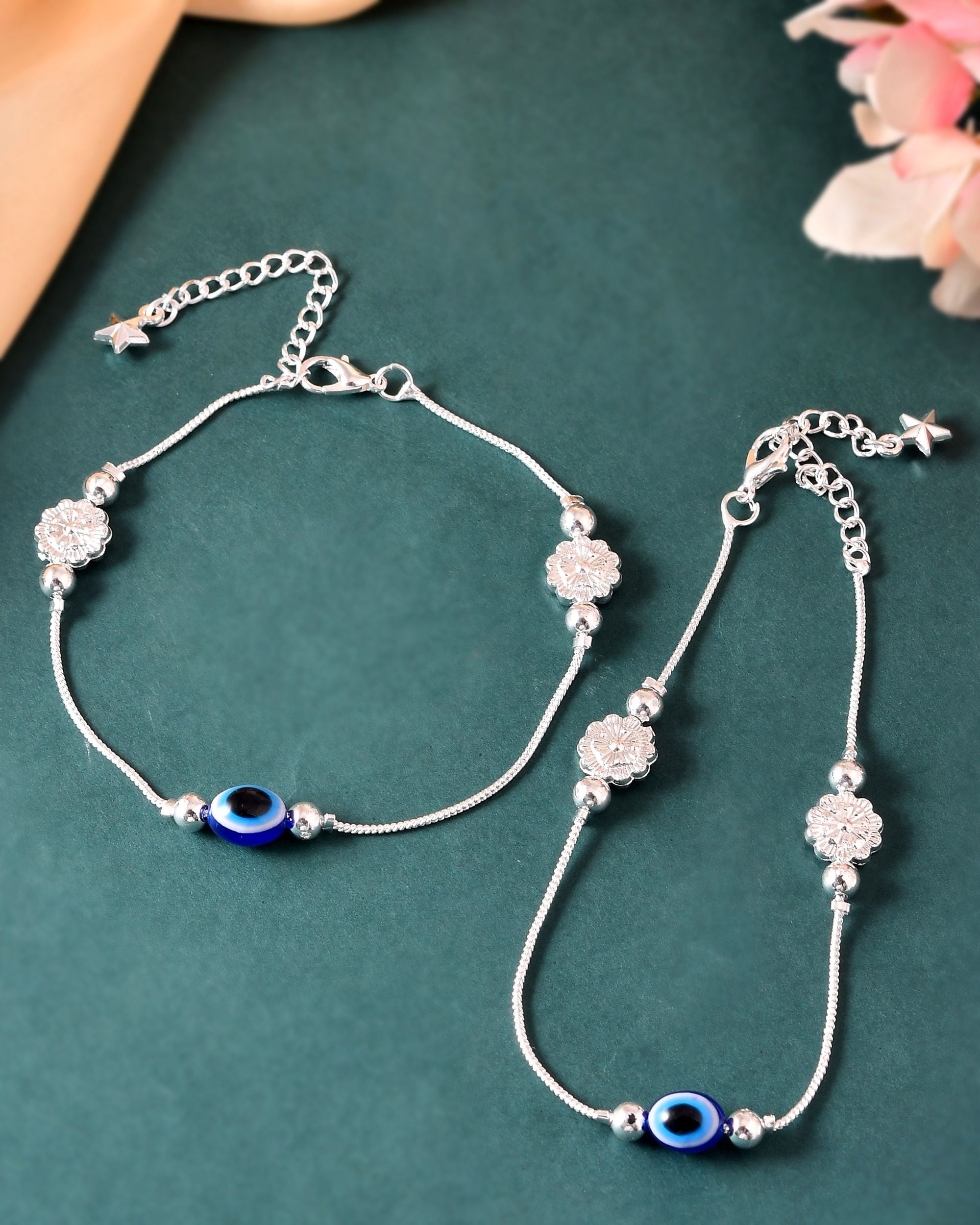 VOJ Set of 2 Silver Plated Evil Eye Bead Studded Stainless Steel Anklet