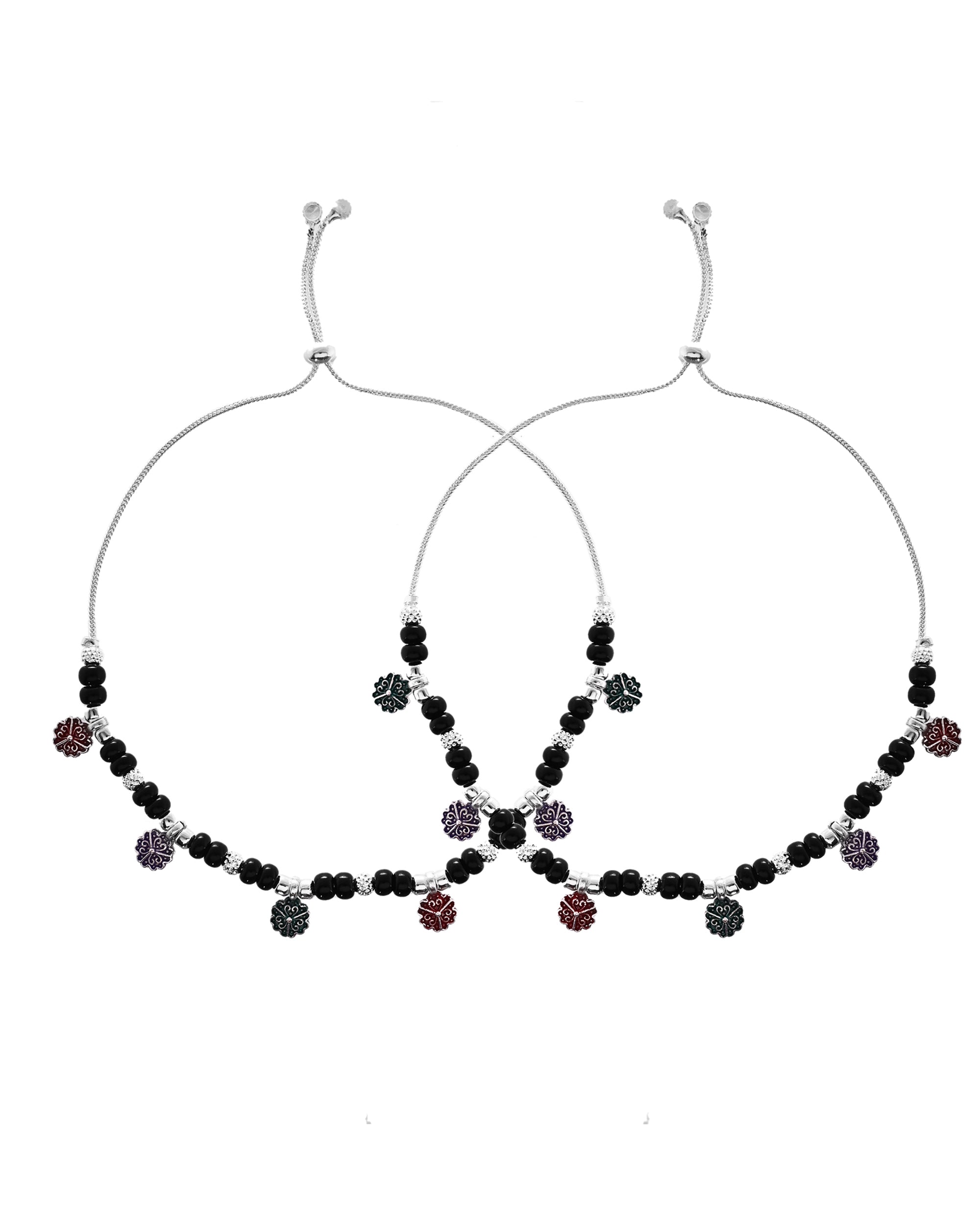VOJ Set of 2 Stainless Steel Artificial Beads Anklet