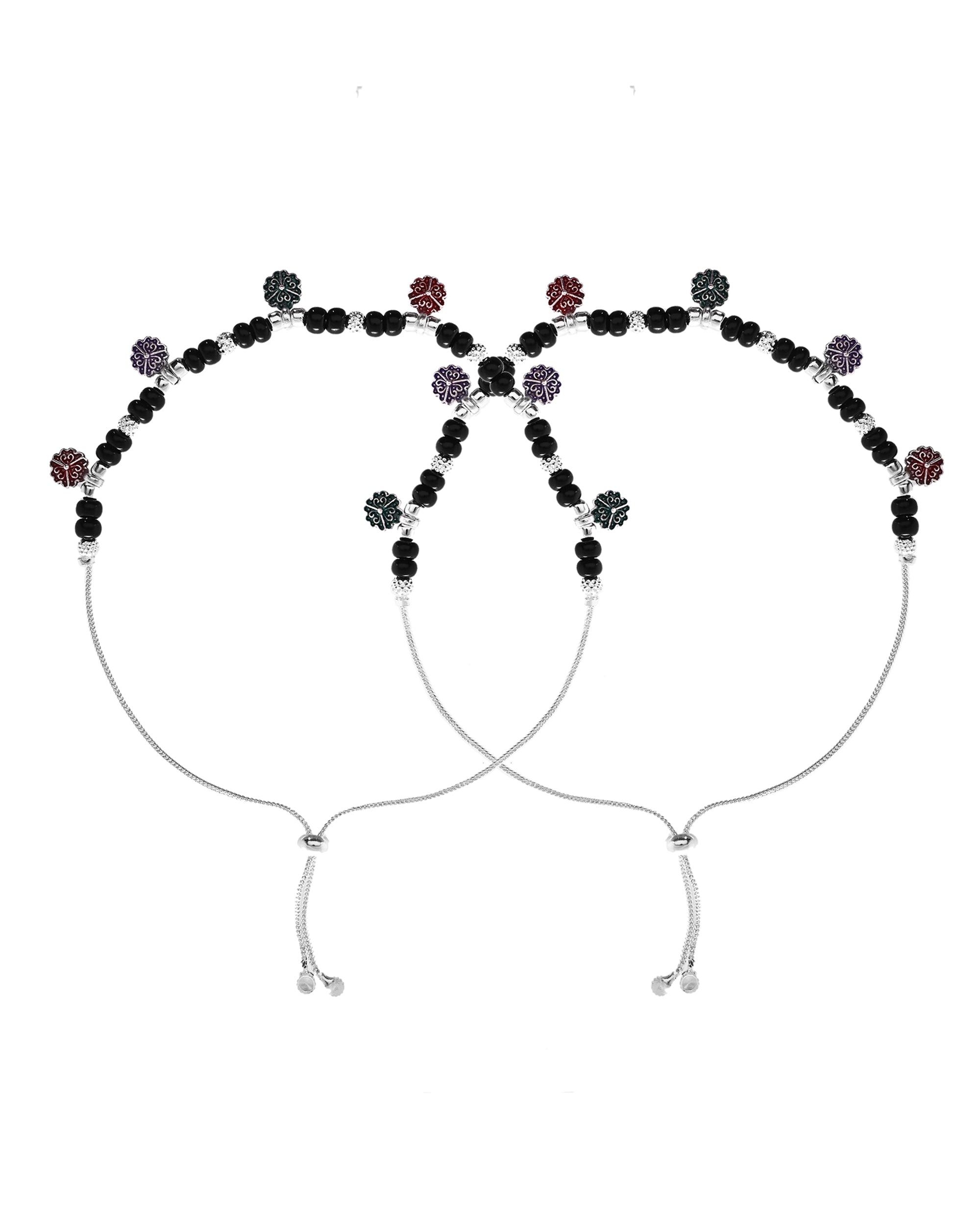 VOJ Set of 2 Stainless Steel Artificial Beads Anklet