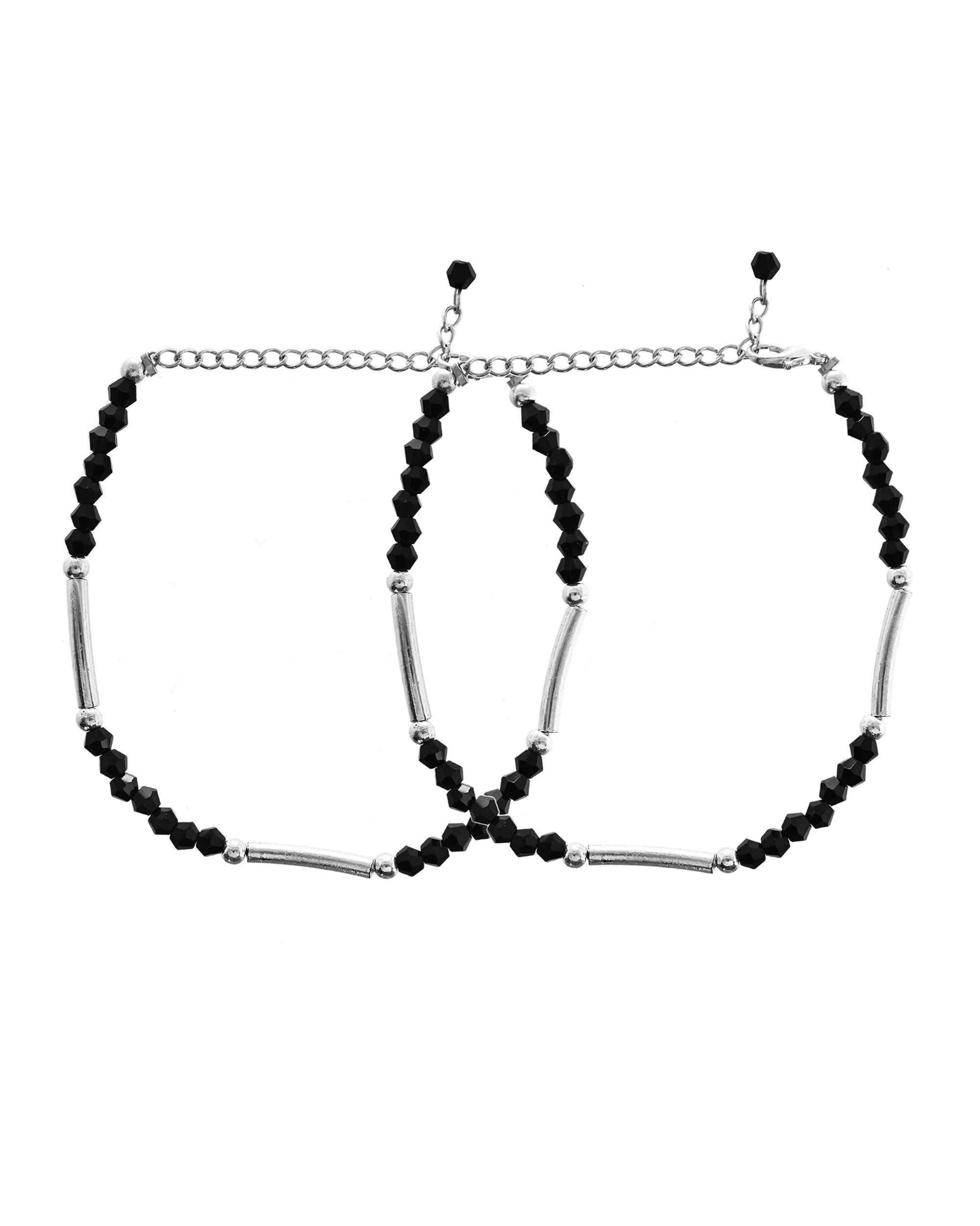 VOJ Set of 2 Black Artificial Beads Studded Anklet