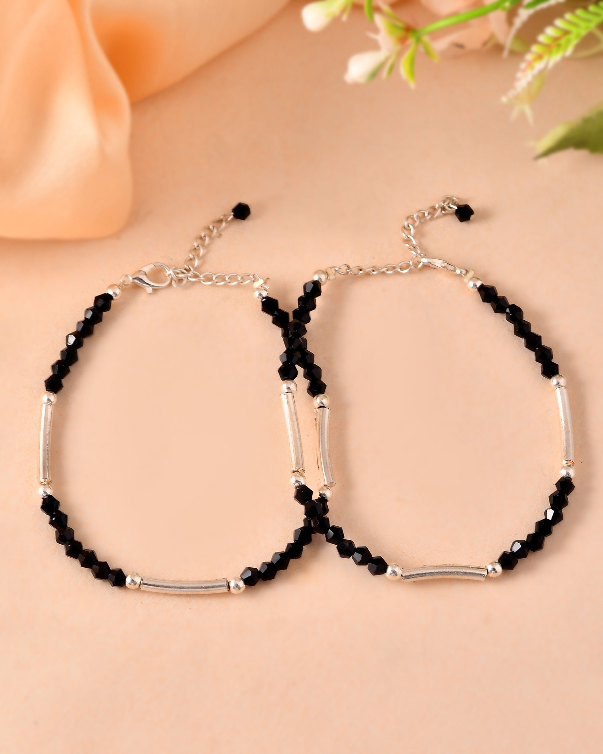 VOJ Set of 2 Black Artificial Beads Studded Anklet