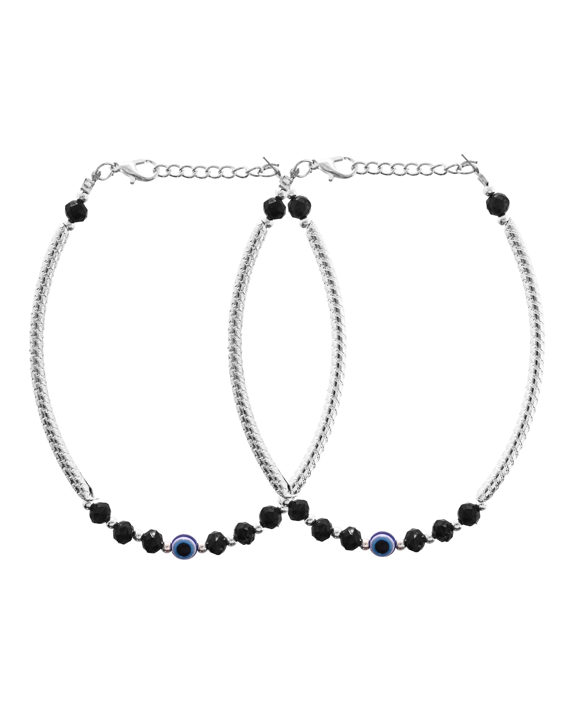 VOJ Set of 2 Evil Eye Bead Studded Stainless Steel Anklet