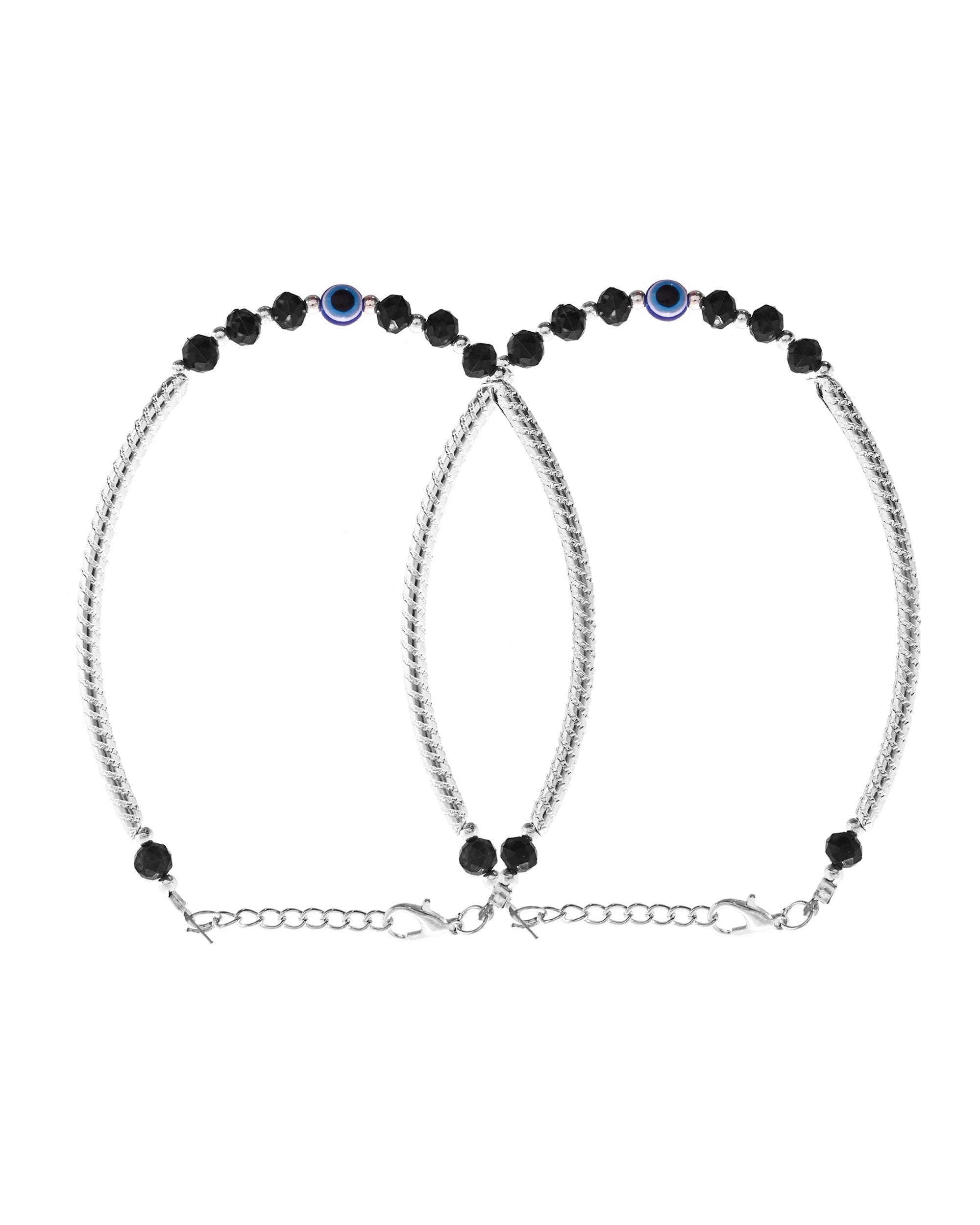 VOJ Set of 2 Evil Eye Bead Studded Stainless Steel Anklet