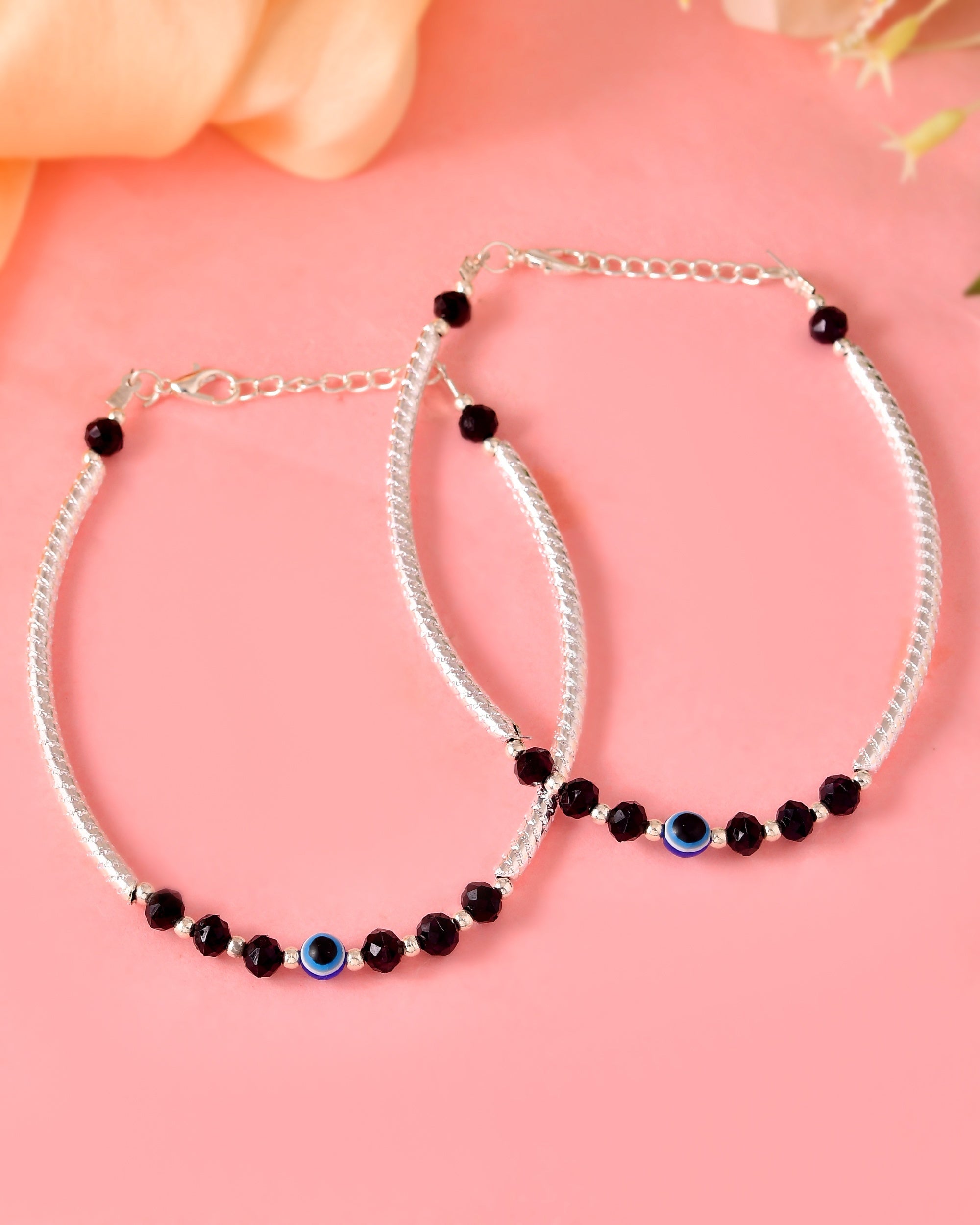 VOJ Set of 2 Evil Eye Bead Studded Stainless Steel Anklet