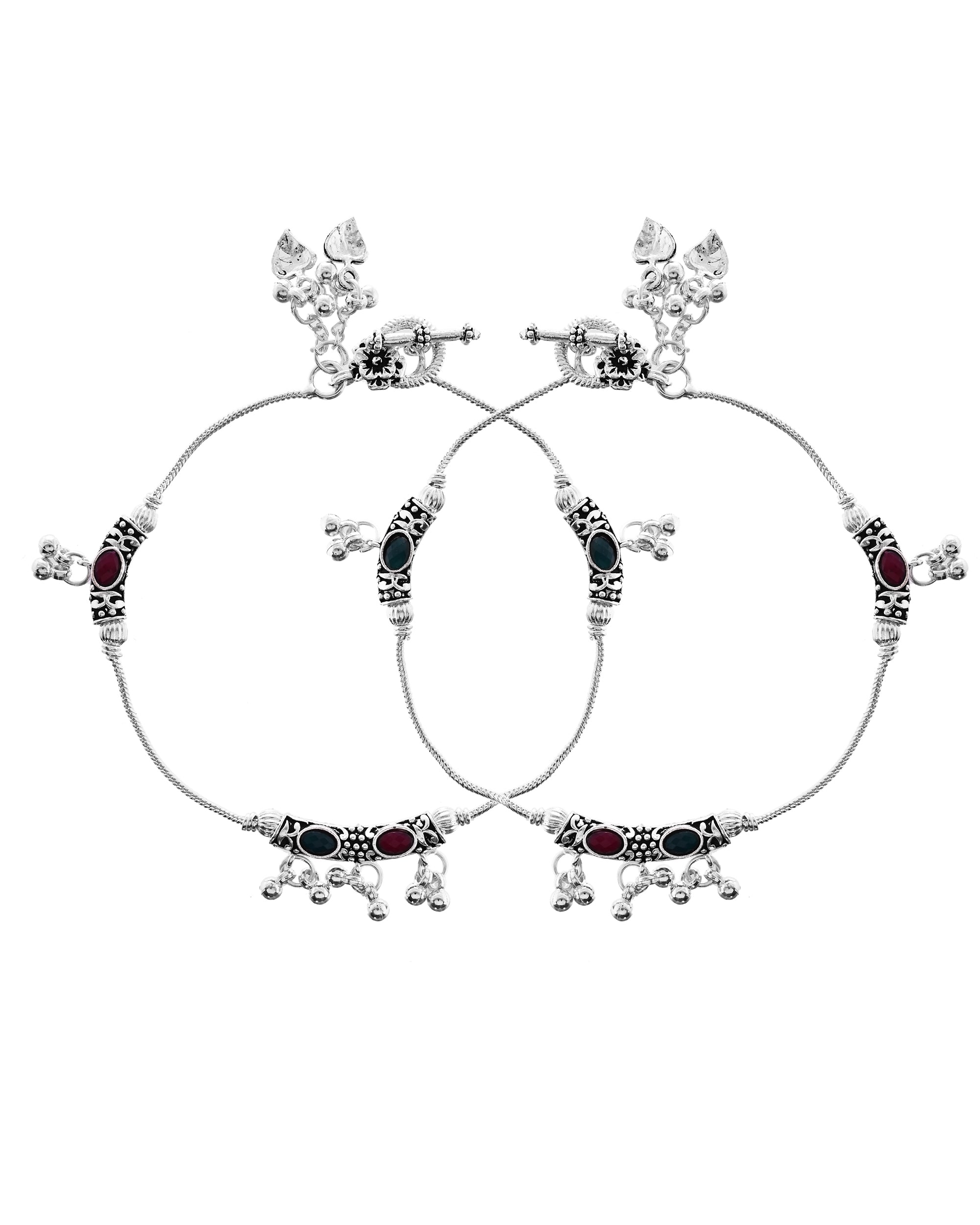 VOJ Set of 2 Silver Toned Meenakari Designed Stainless Steel Anklet