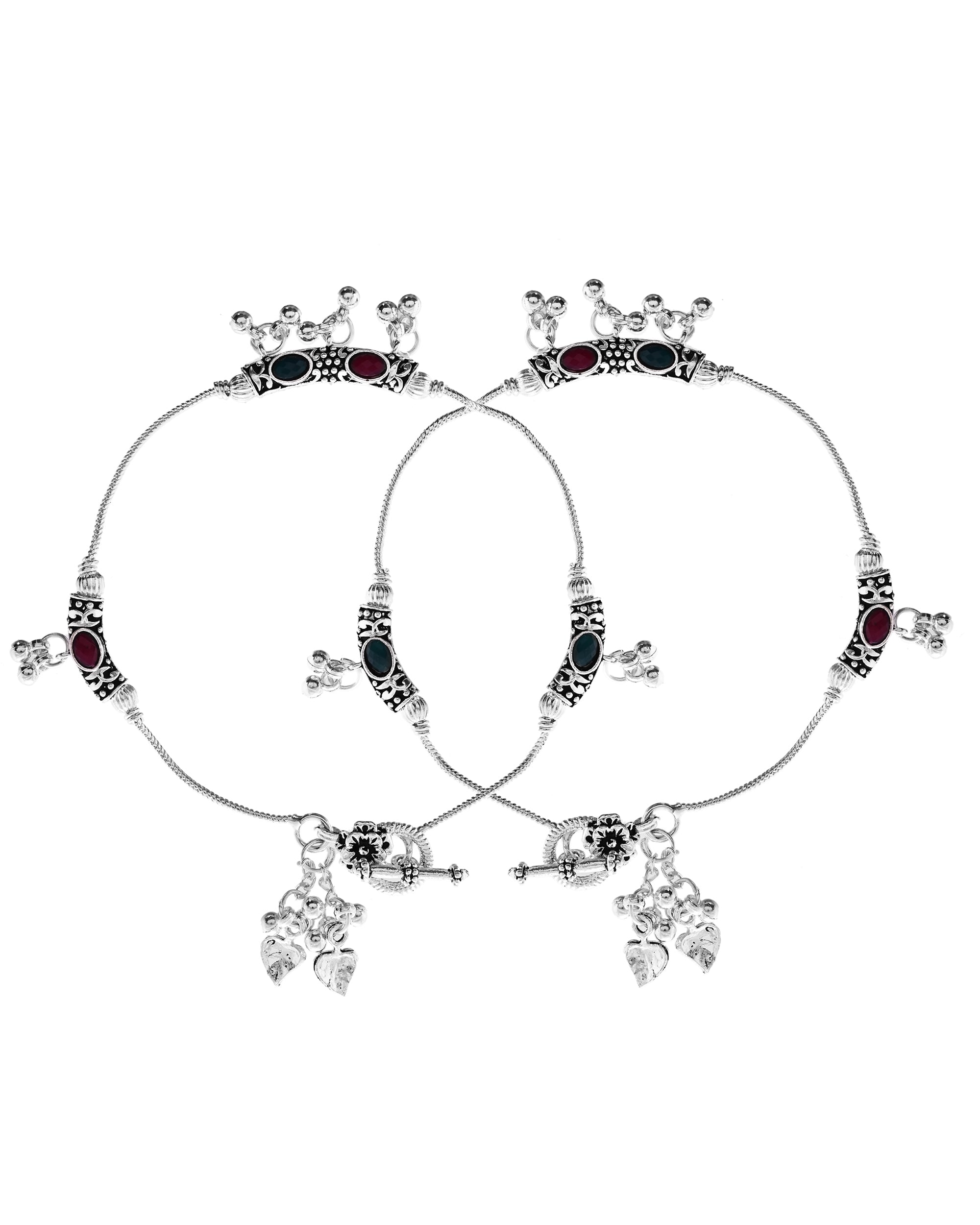 VOJ Set of 2 Silver Toned Meenakari Designed Stainless Steel Anklet