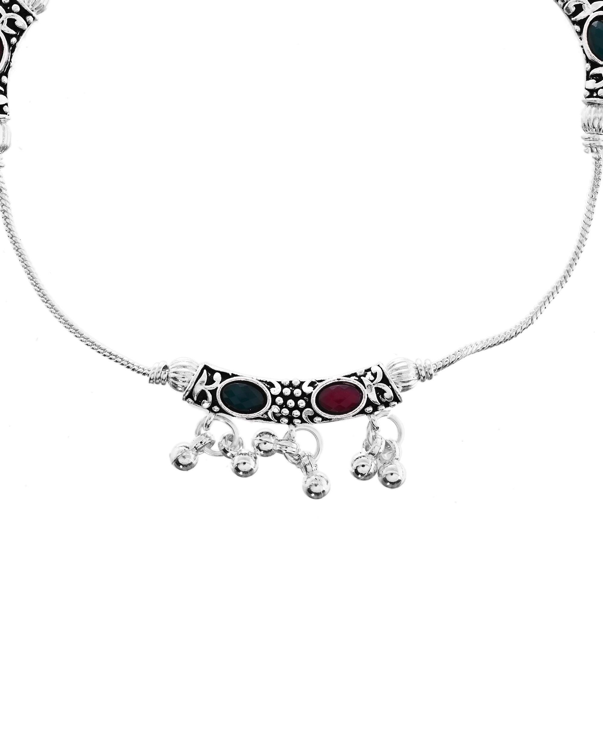 VOJ Set of 2 Silver Toned Meenakari Designed Stainless Steel Anklet