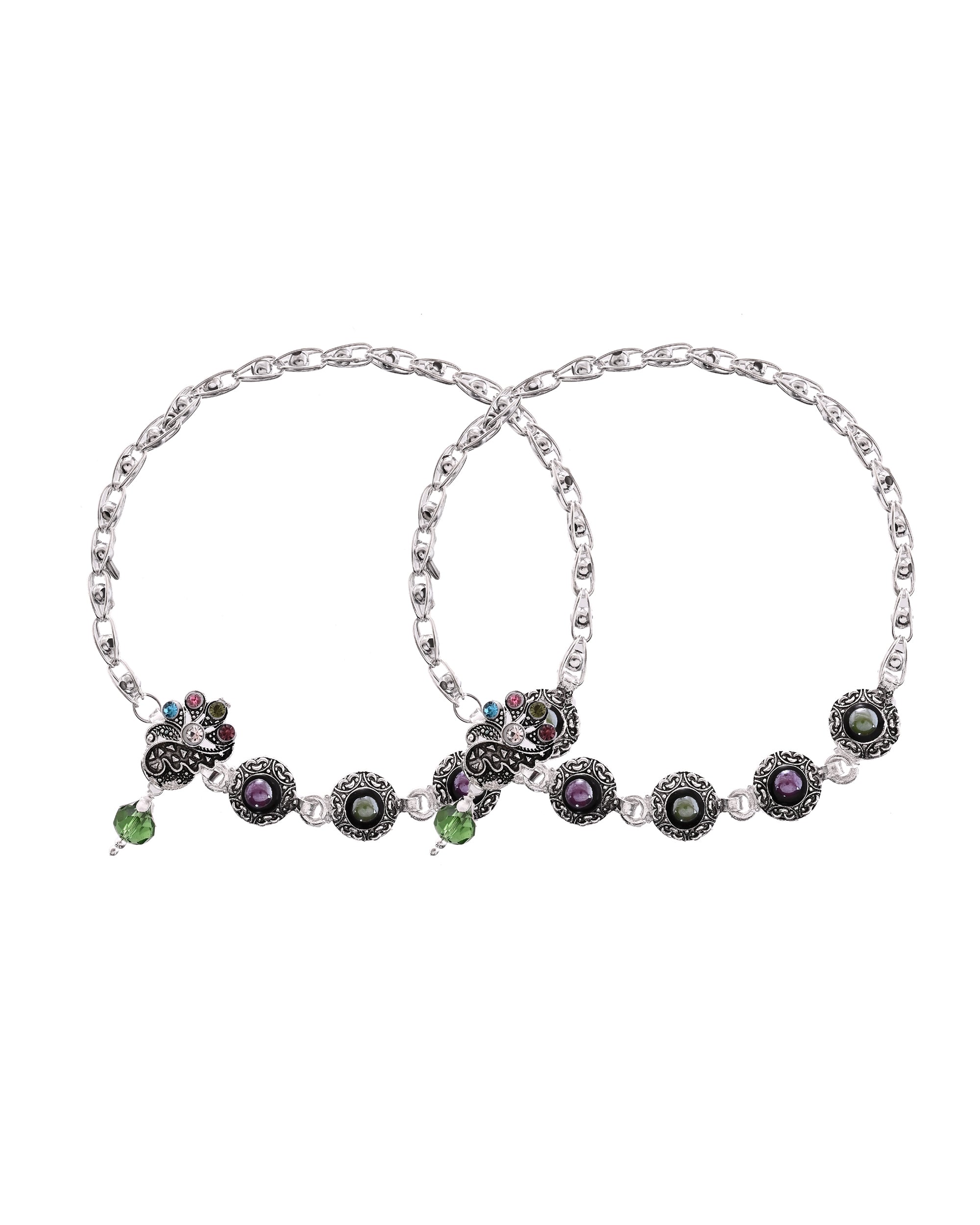VOJ Set of 2 Handcrafted Stone Studded oxidized Anklet