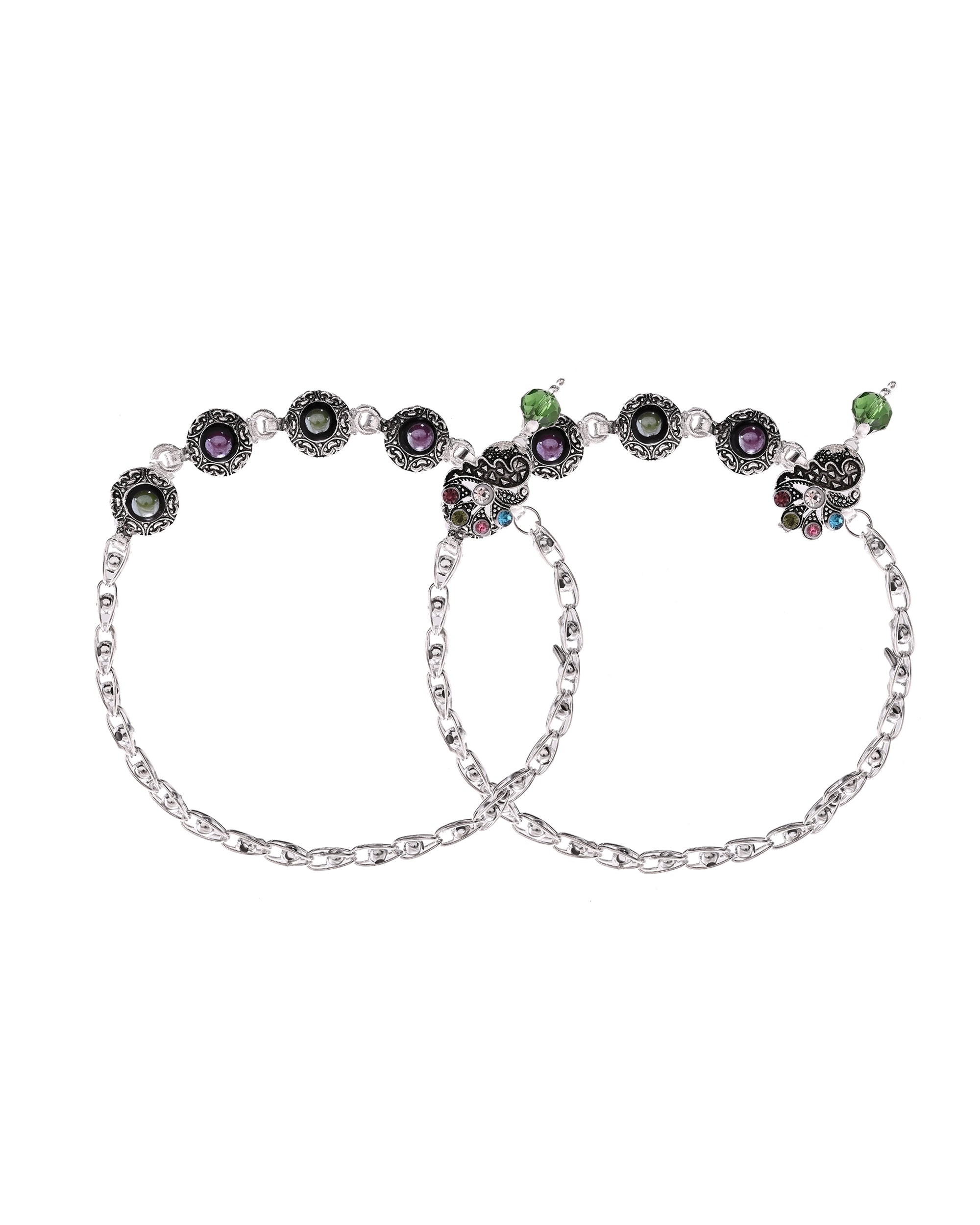 VOJ Set of 2 Handcrafted Stone Studded oxidized Anklet