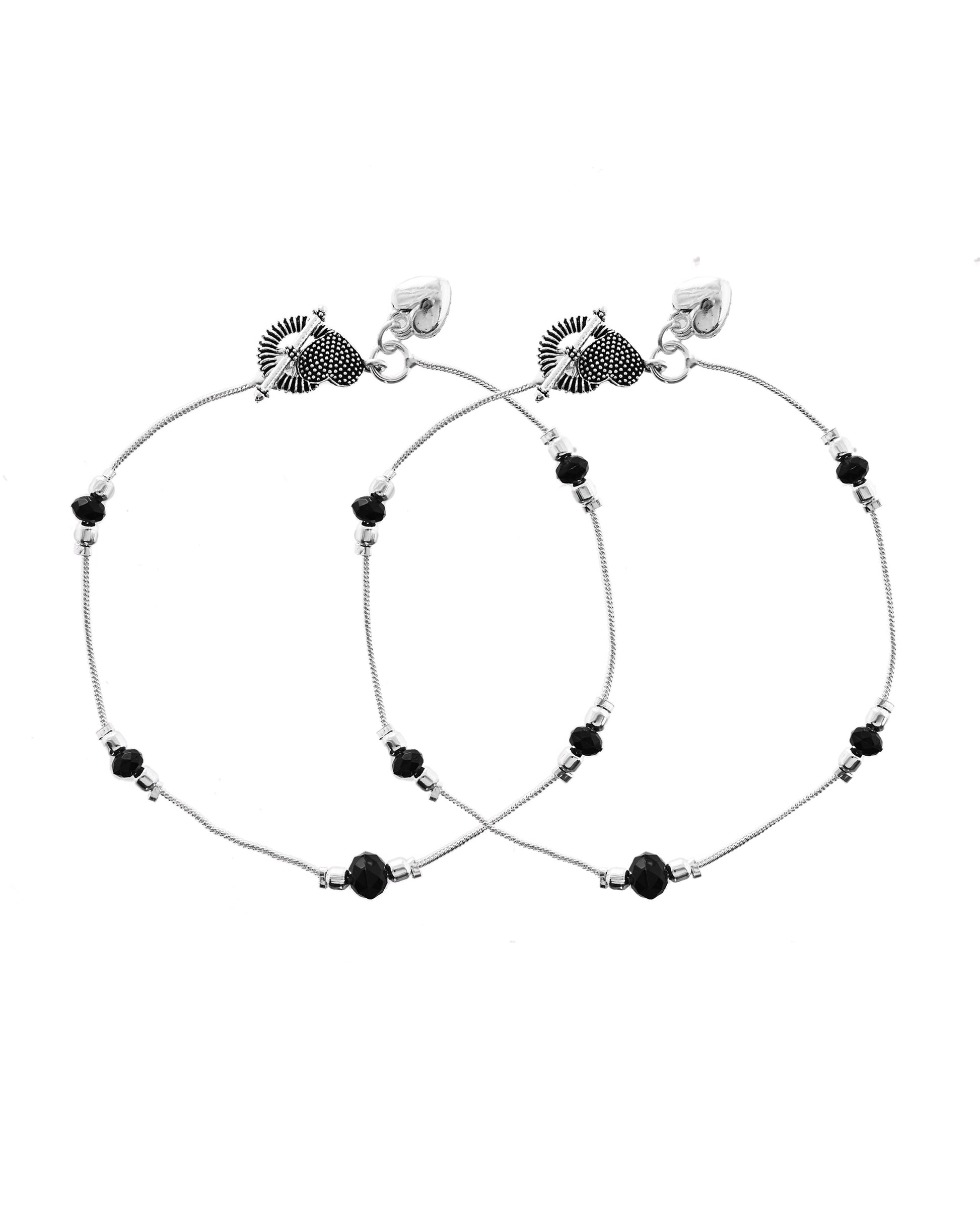 VOJ Set of 2 Black Beads Studded Designer Anklet - Dista