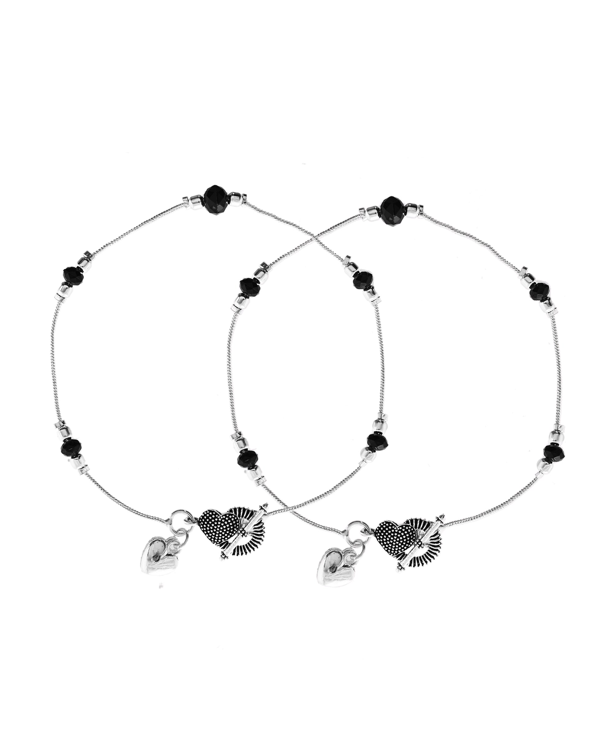 VOJ Set of 2 Black Beads Studded Designer Anklet - Dista