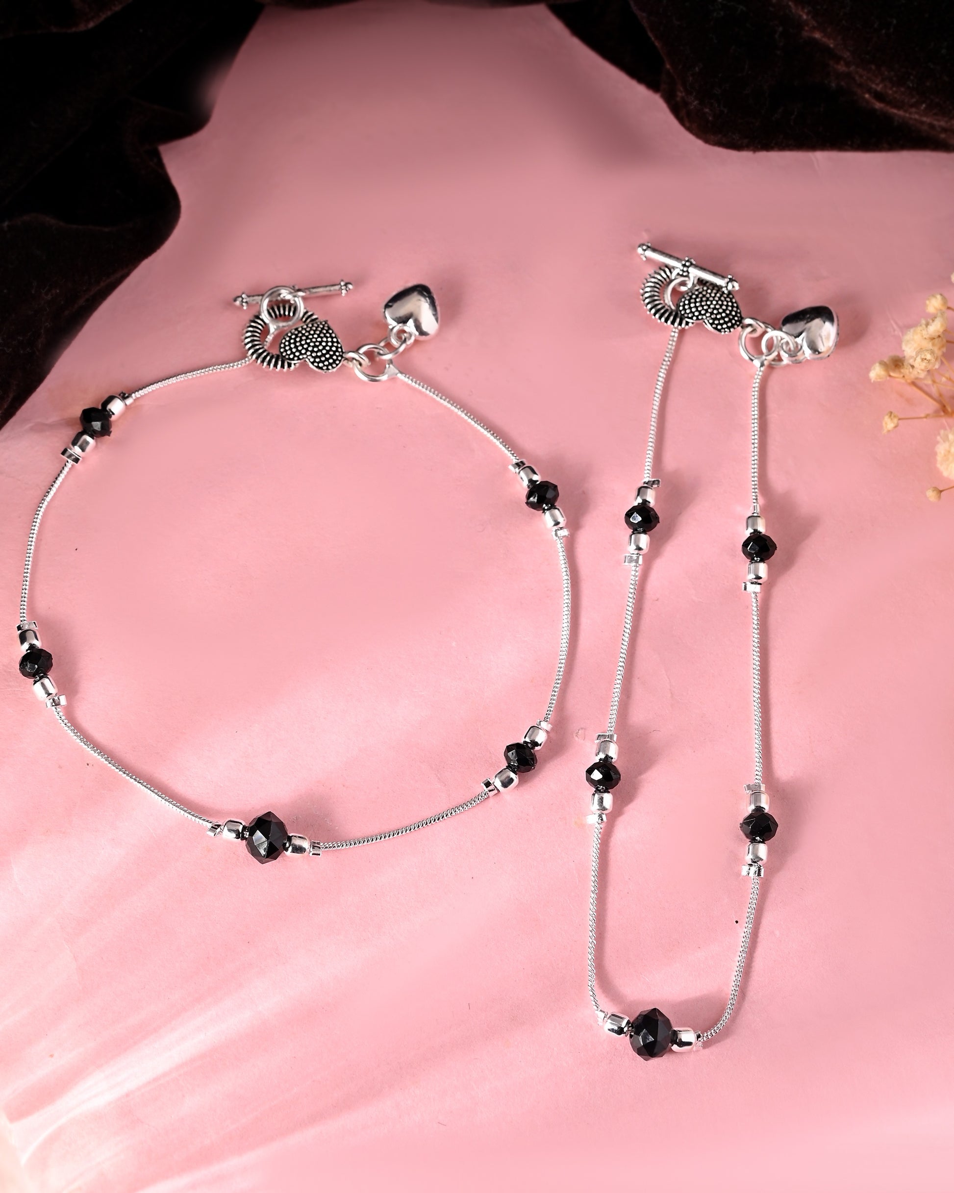 VOJ Set of 2 Black Beads Studded Designer Anklet - Dista