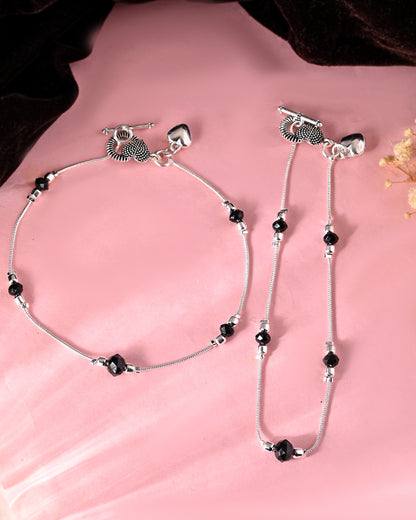 VOJ Set of 2 Black Beads Studded Designer Anklet - Dista